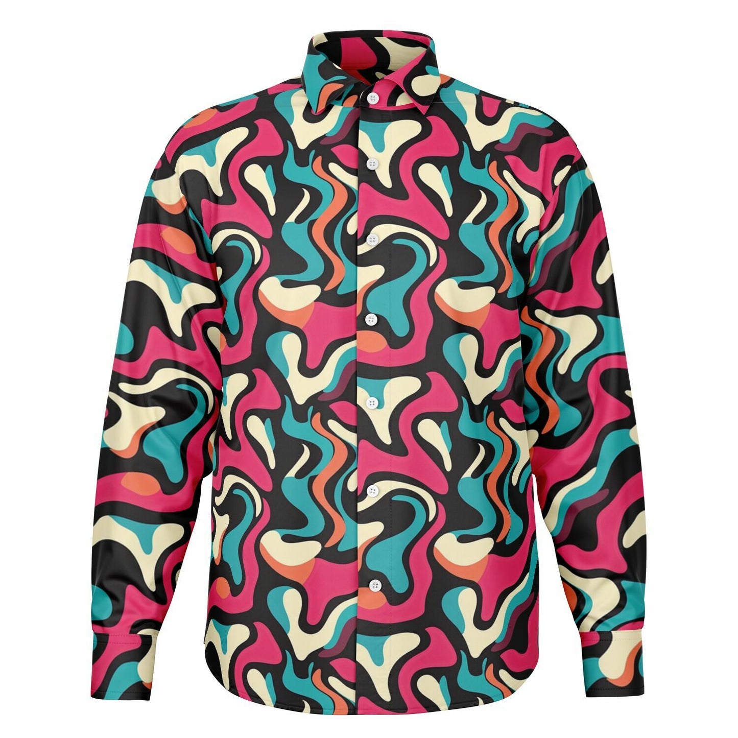 Red Blue Pattern Long Sleeve Button Down Shirt - AOP