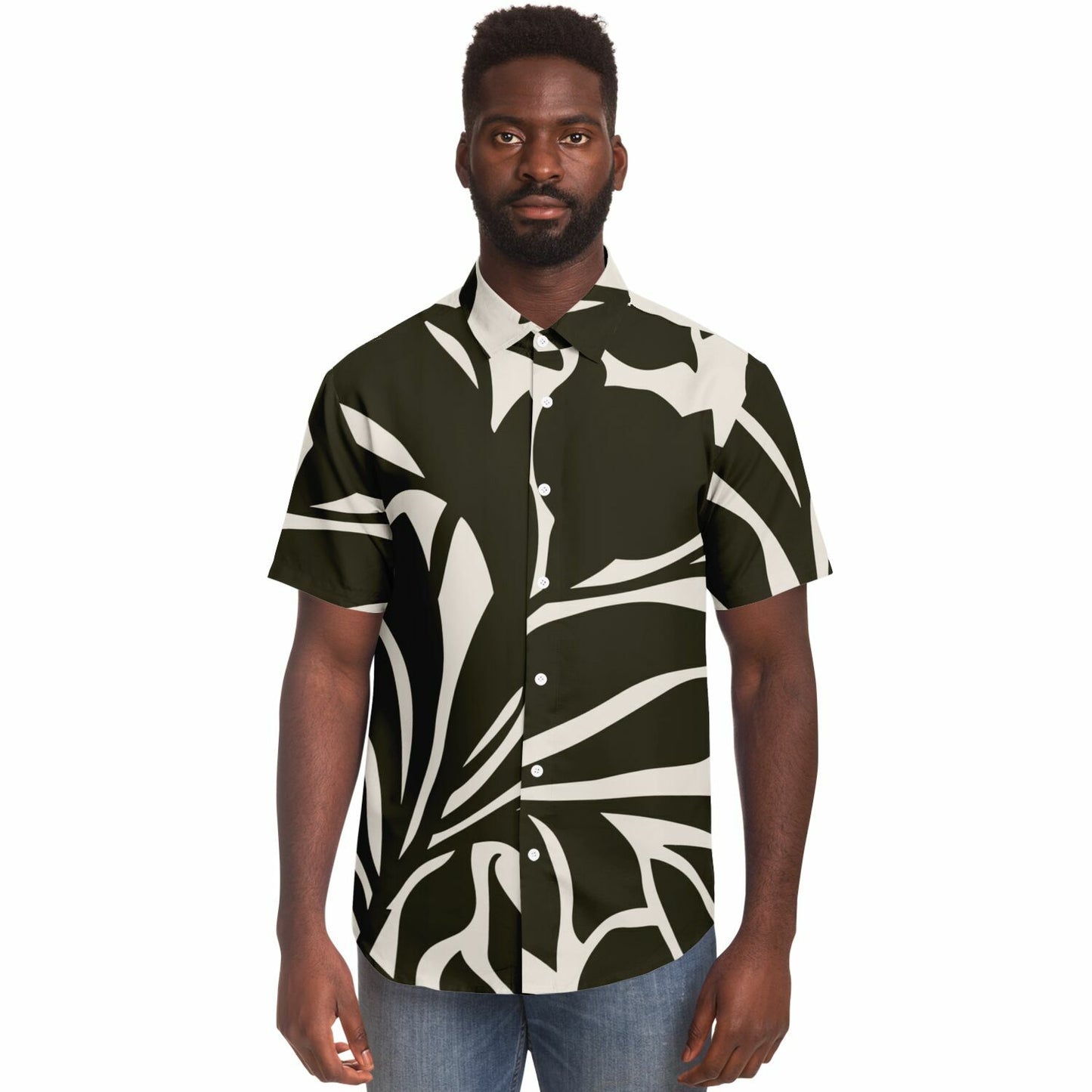Black and White Leaves Pattern Short Sleeve Button Down Shirt - AOP
