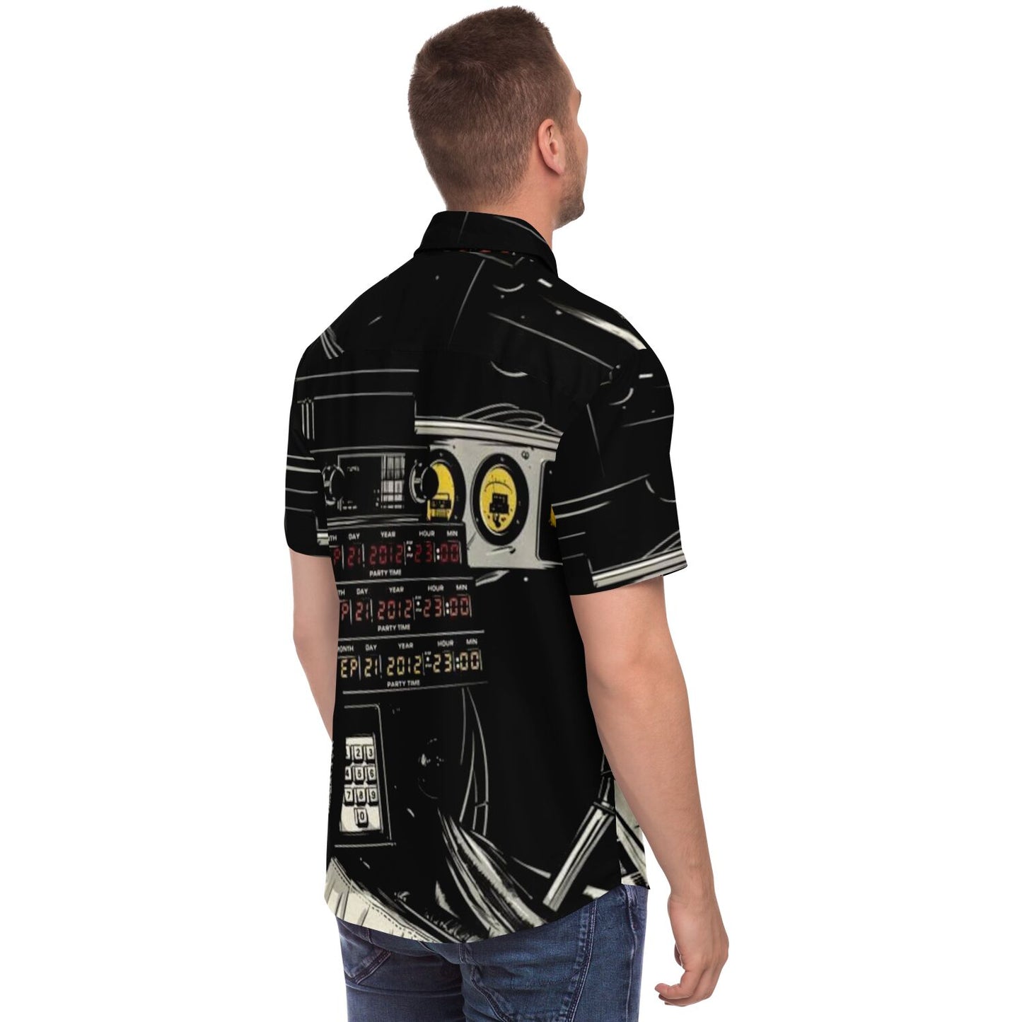 Delorean Time Machine Illustration Short Sleeve Button Down Shirt - AOP