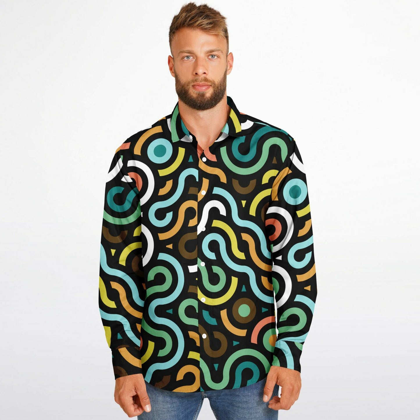 Colored Doodle Art Long Sleeve Button Down Shirt - AOP