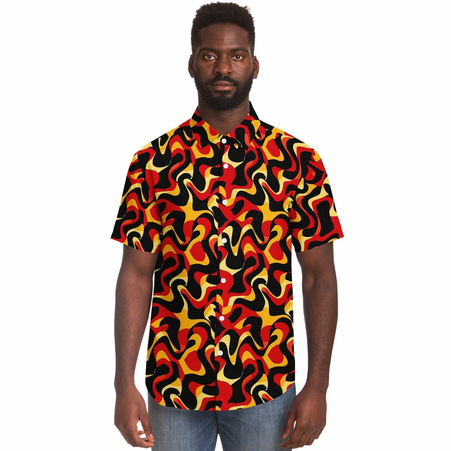 Orange Yellow Abstract Pattern Short Sleeve Button Down Shirt - AOP