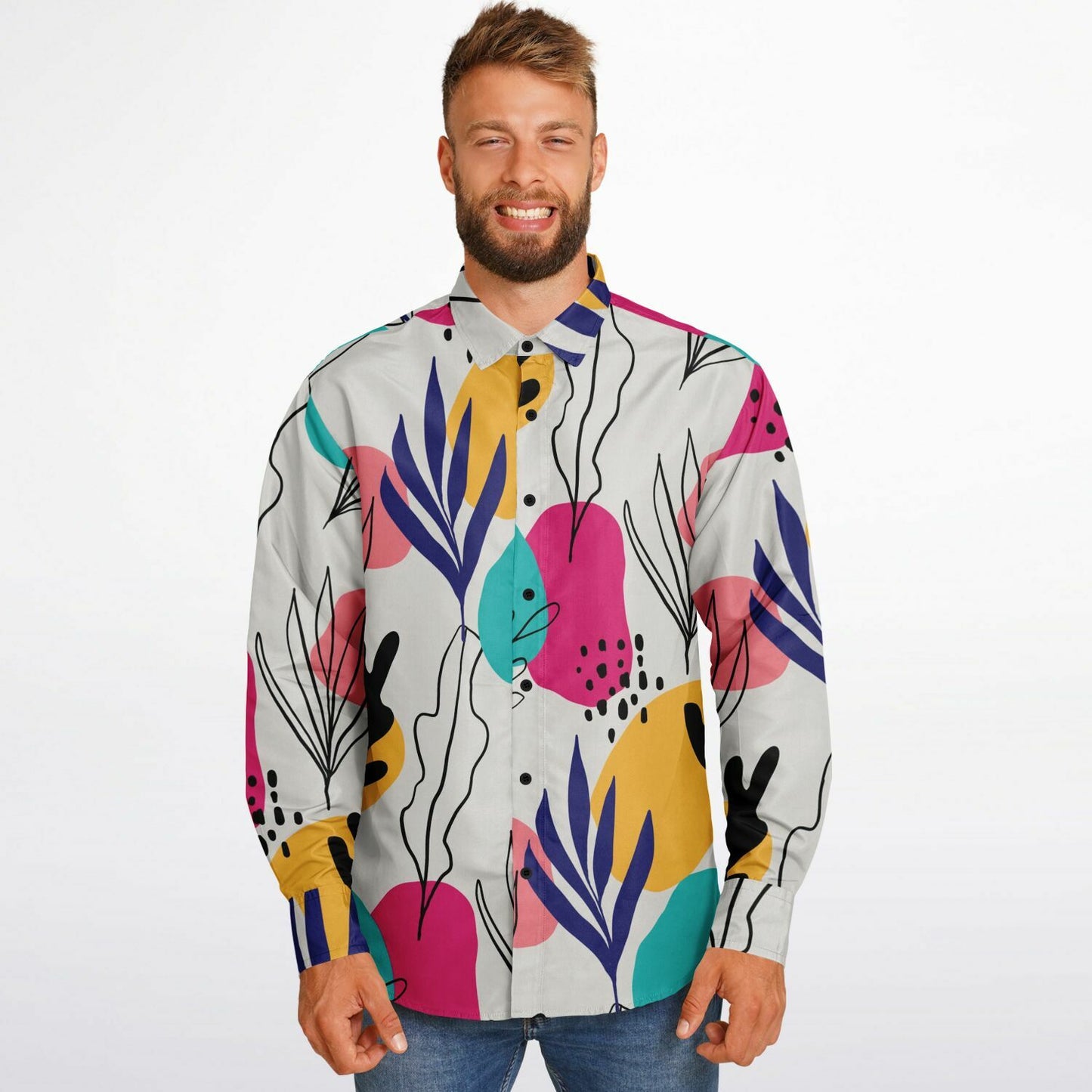 Abstract Floral Colored Pattern Long Sleeve Button Down Shirt - AOP