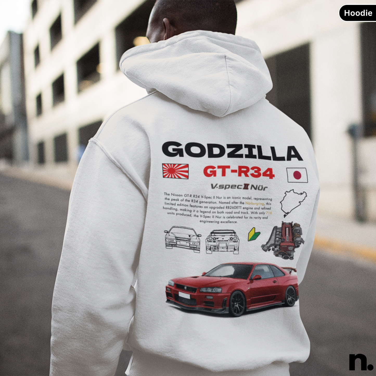 Godzilla GTR R34 V-spec II Nur Poster Style Back Print Unisex Hoodie