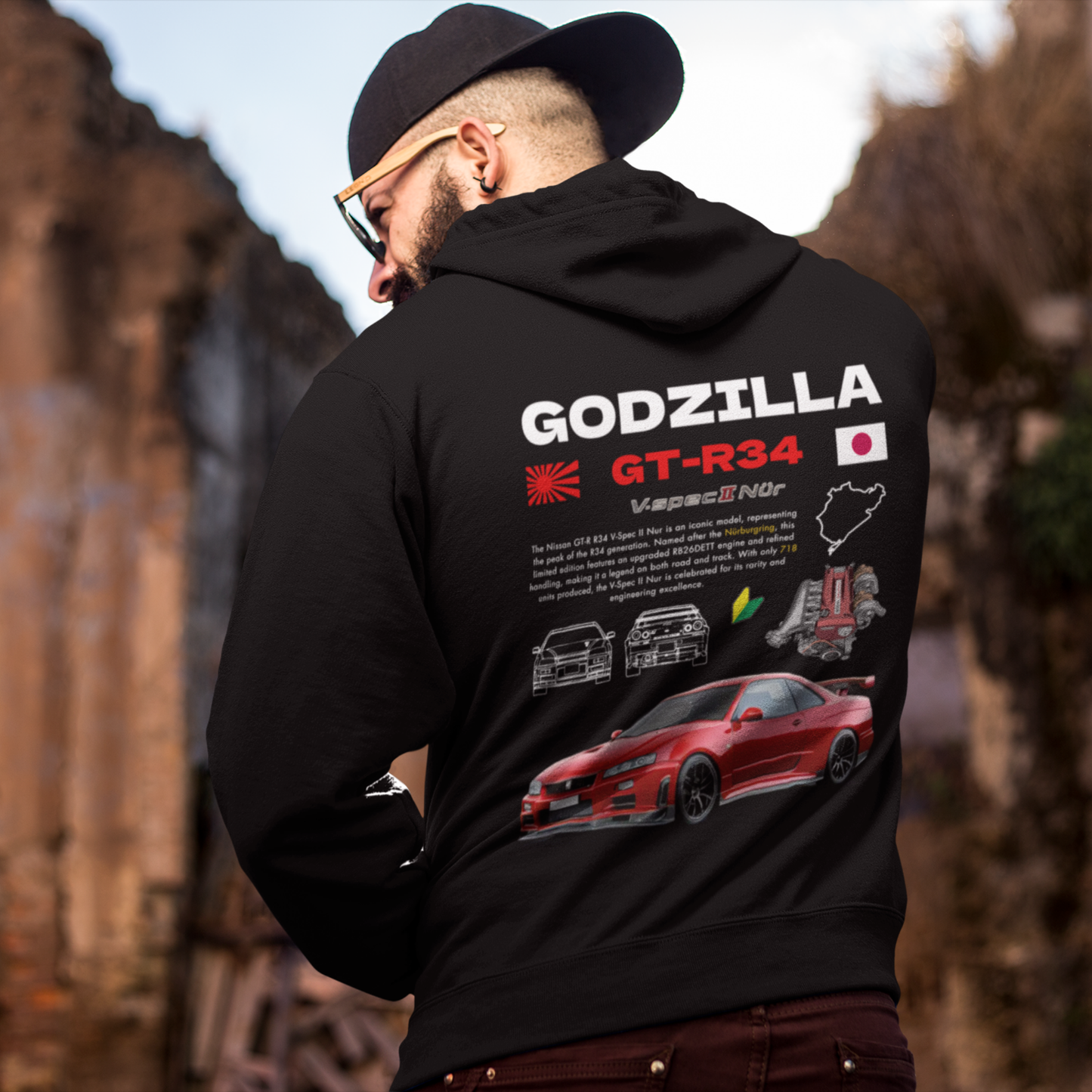 Godzilla GTR R34 V-spec II Nur Poster Style Back Print Unisex Hoodie