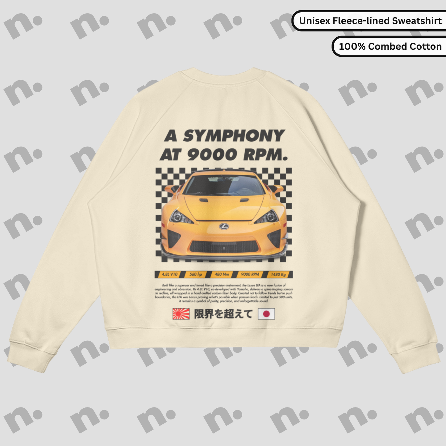 Fleece-lined heavyweight sweatshirt featuring the iconic “Symphony at 9000 RPM” LFA theme — a cozy nod to V10 greatness