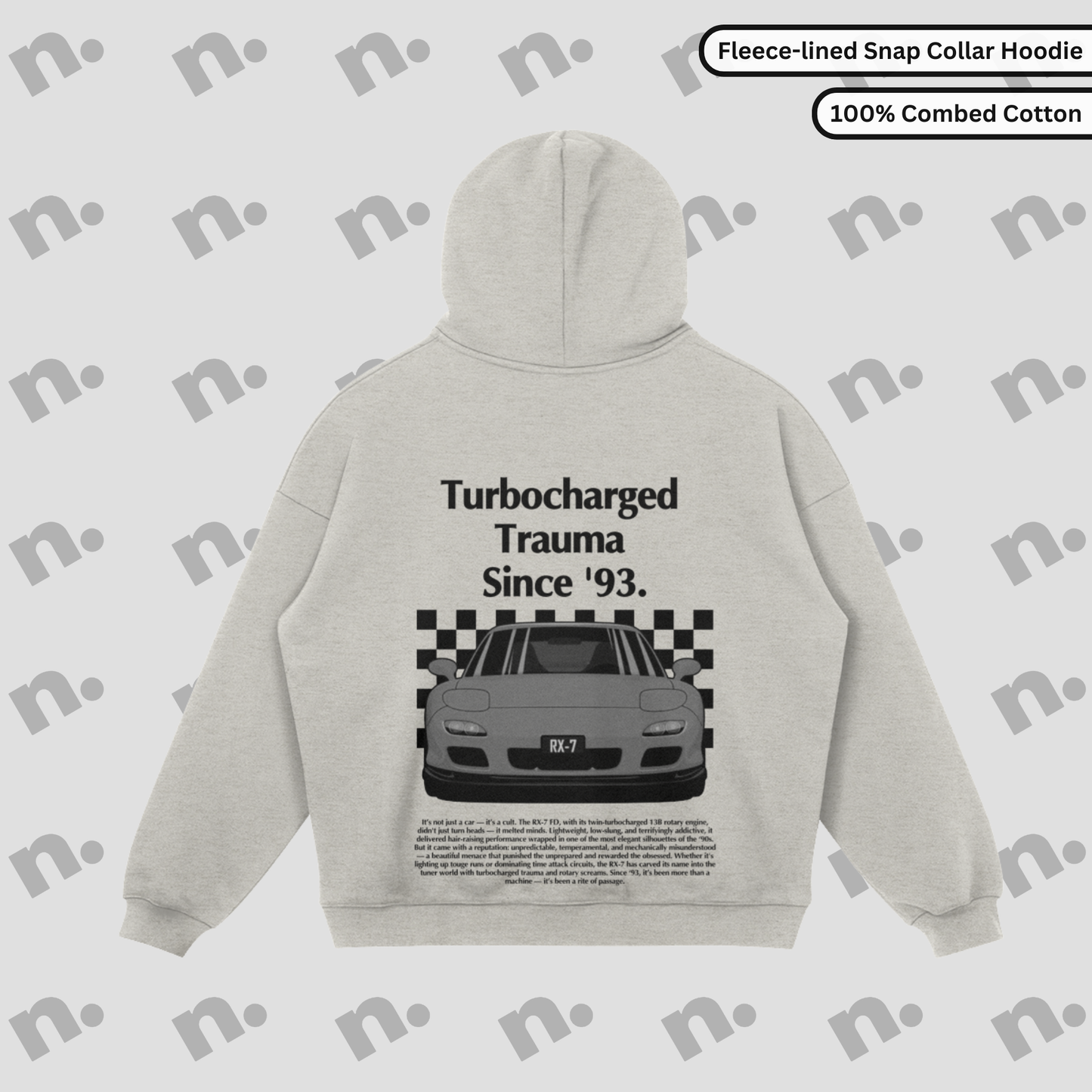 Turbocharged Trauma Since ’93 RX-7 snap collar fleece hoodie – stylish and functional hoodie for JDM lovers, with premium warmth and standout design.