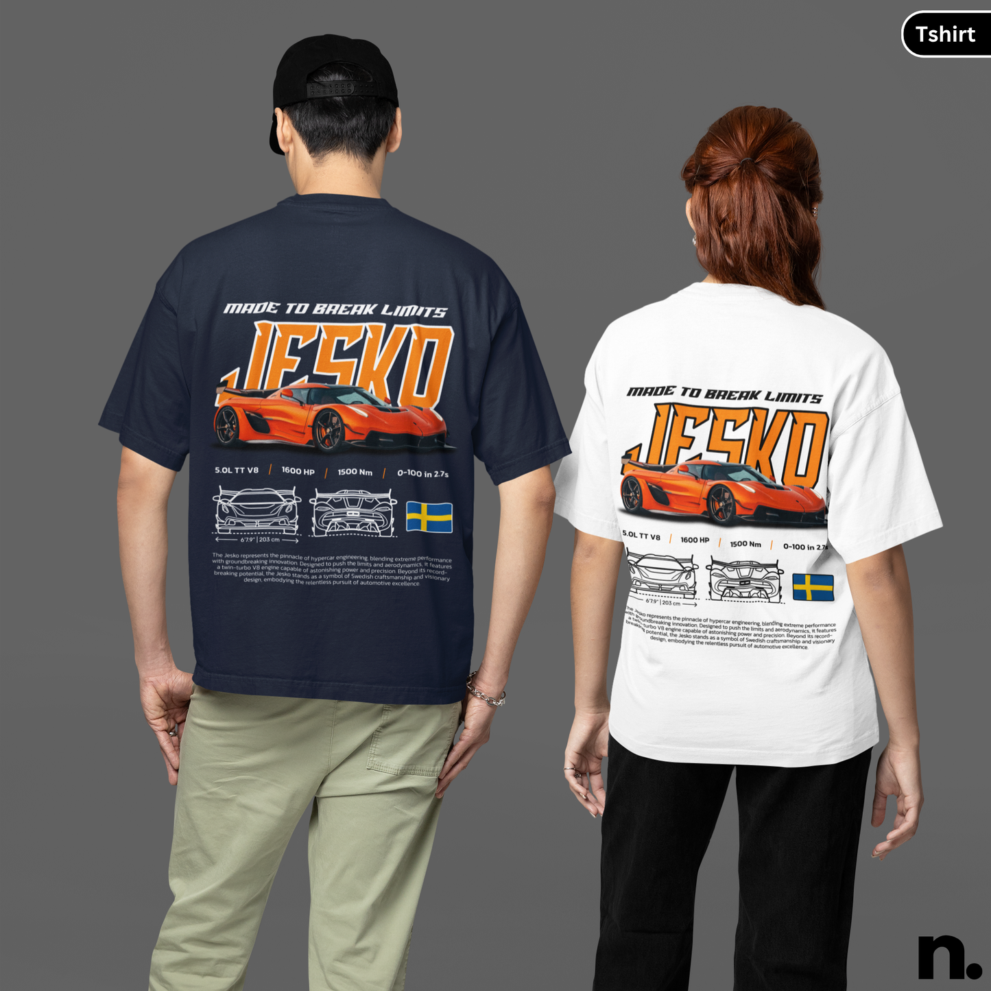 Two people wearing t-shirts with a car design and 'JESKO' branding on the back.