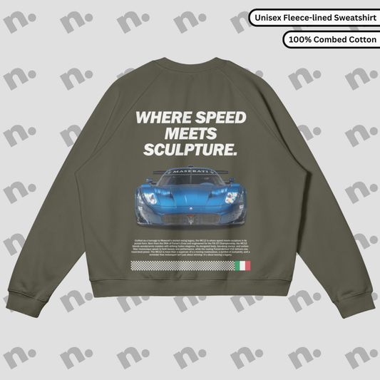 Flat lay of heavyweight fleece-lined earth tone sweatshirt with minimalist speed-inspired graphic and relaxed crewneck fit.