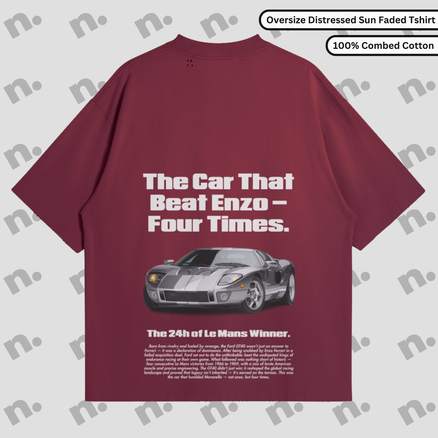 Title,Alt Text,Tags
GT40 The Car That Beat Enzo Oversized Sun Faded Distressed Tee,"GT40 The Car That Beat Enzo Oversized Sun Faded Distressed Tee featuring a vintage motorsport-inspired design with a relaxed fit and retro worn look.","GT40, Car That Beat Enzo, Oversized Tee, Distressed T-Shirt, Sun Faded Tee, Vintage Car Shirt, Motorsport Shirt, Retro Racing Tee, Classic Car Apparel, Streetwear Tee, Men's Vintage Tee, Washed Tee, Graphic Tee, Car Enthusiast Clothing"
GT40 The Car That Beat Enzo Sun Faded D