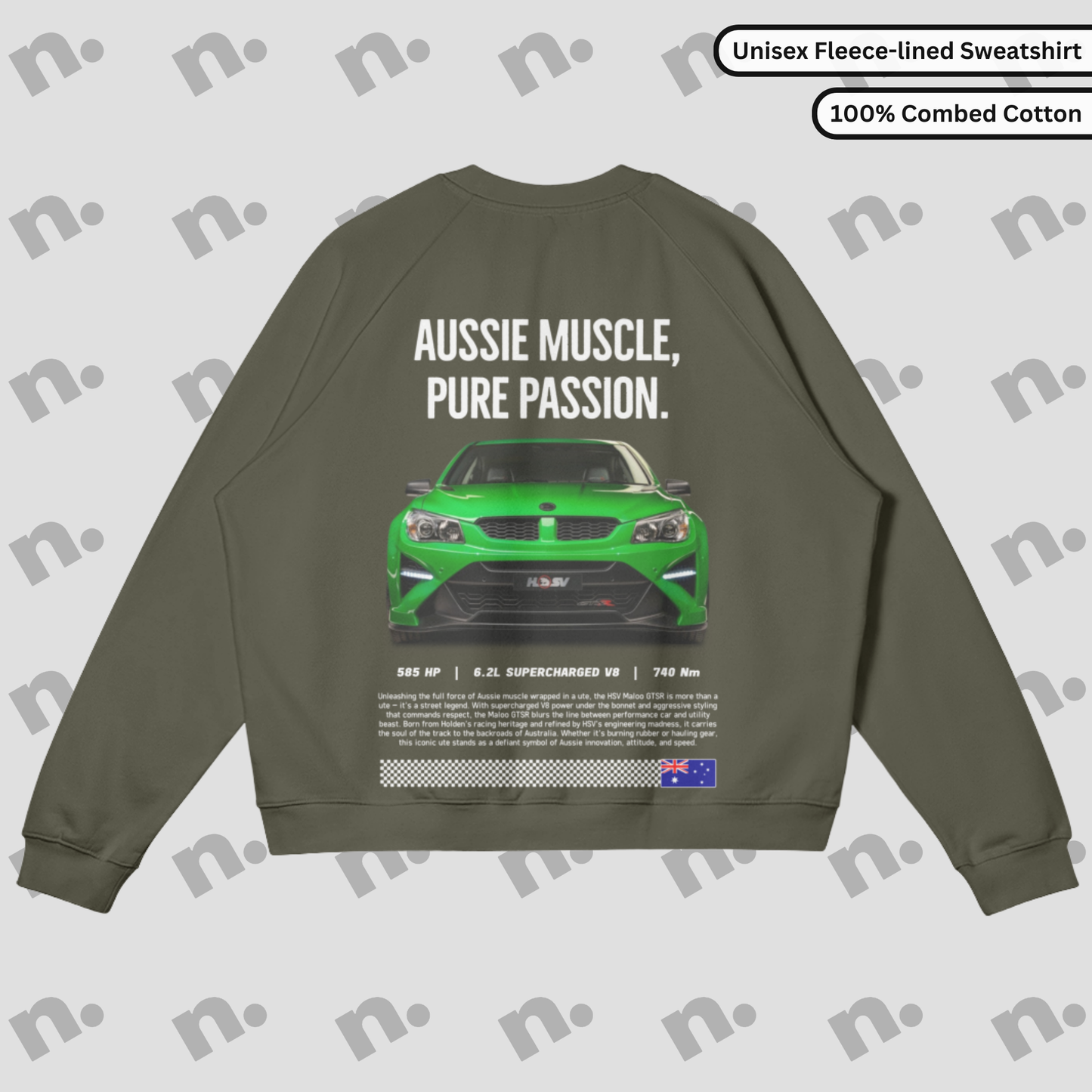 Flat lay of heavyweight fleece-lined crewneck sweatshirt in earth tones, inspired by high-performance Australian muscle car style.