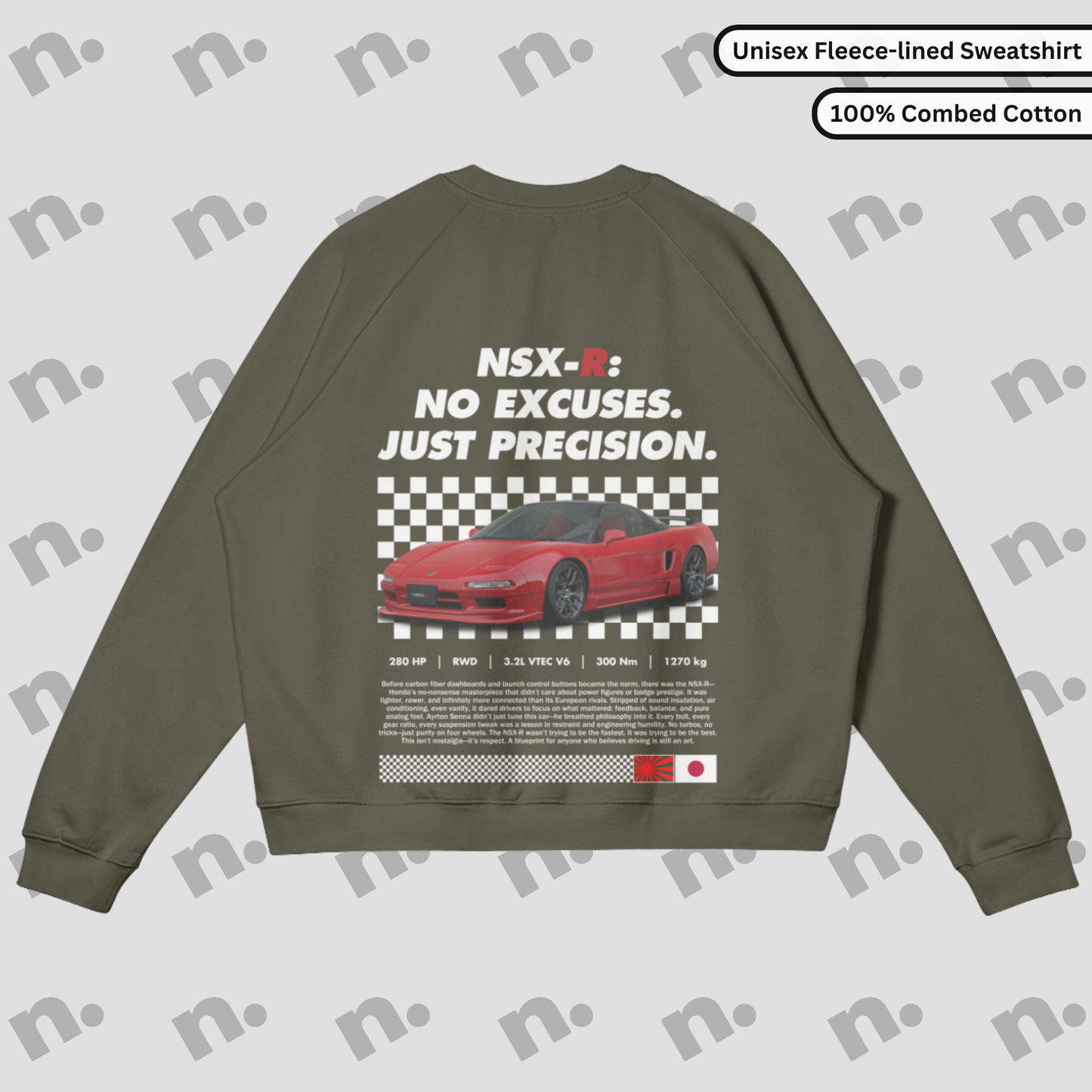 Heavyweight fleece-lined crewneck sweatshirt with raglan sleeves in earth tones, inspired by NSX-R design