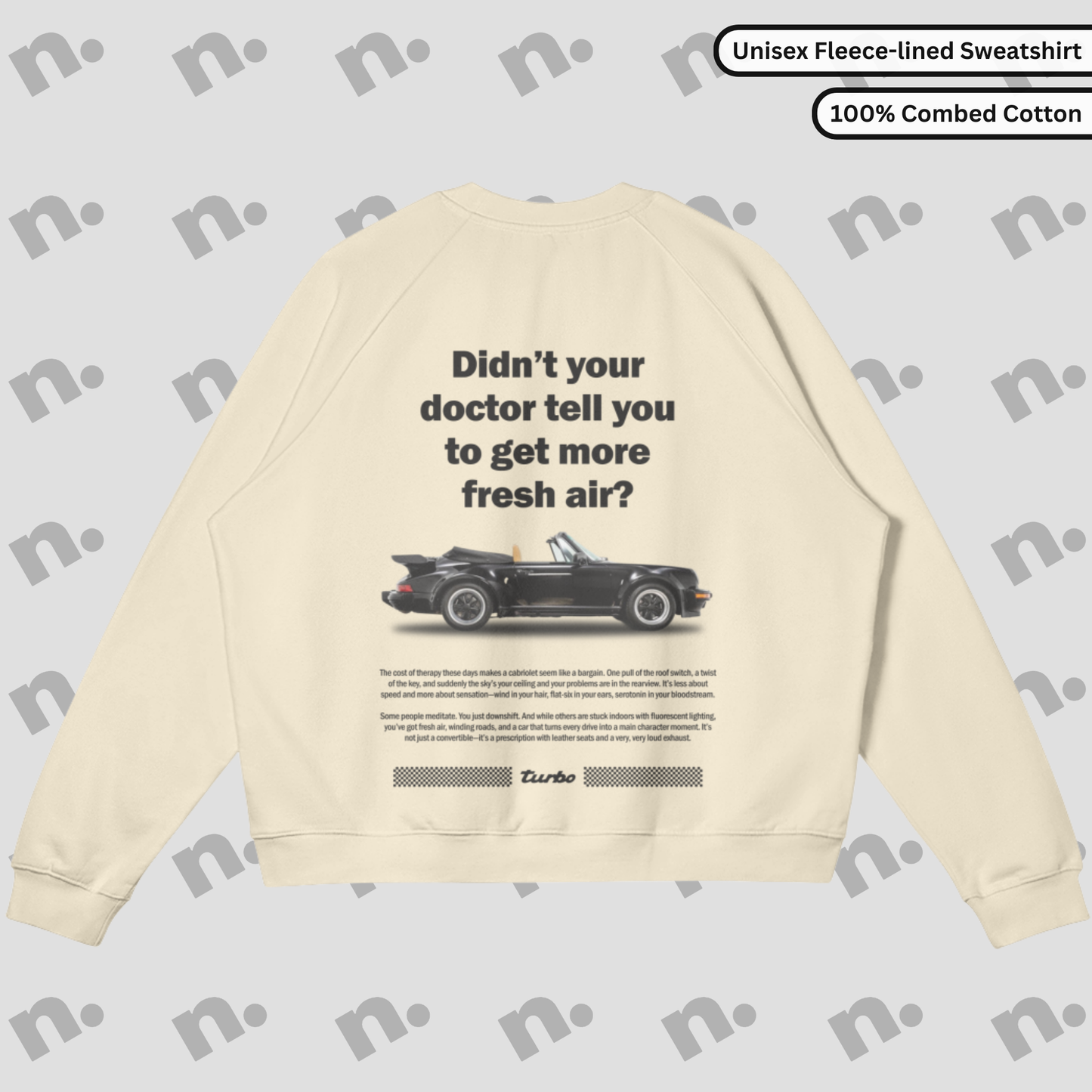 Premium oversized sweatshirt inspired by the classic Porsche 911 Cabriolet, featuring a sleek automotive-themed design, perfect for car enthusiasts.