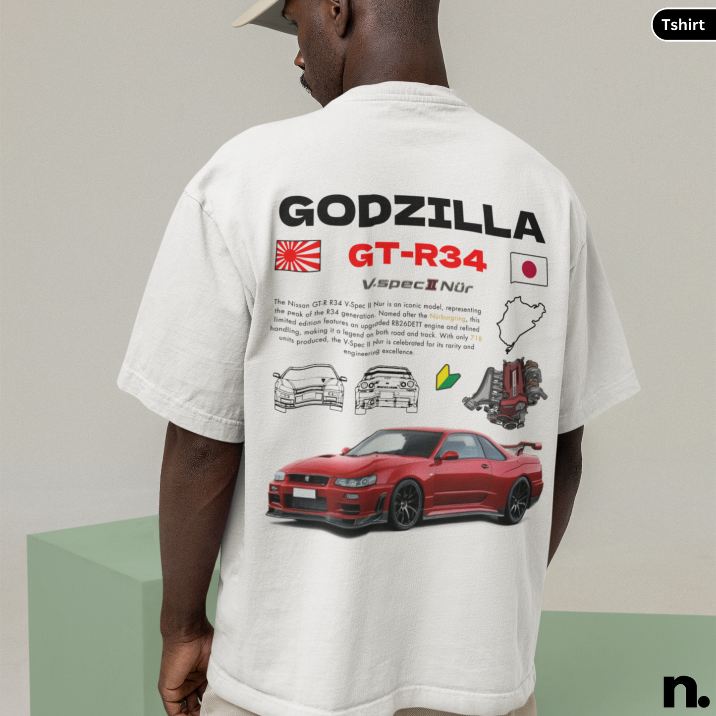 Godzilla GTR R34 V-spec II Nur Poster Style Back Print Unisex Cotton Tee,