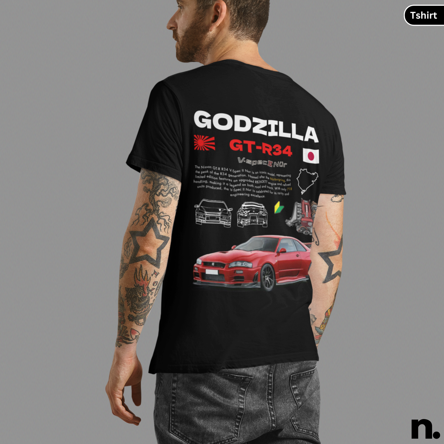 Godzilla GTR R34 V-spec II Nur Poster Style Back Print Unisex Cotton Tee,