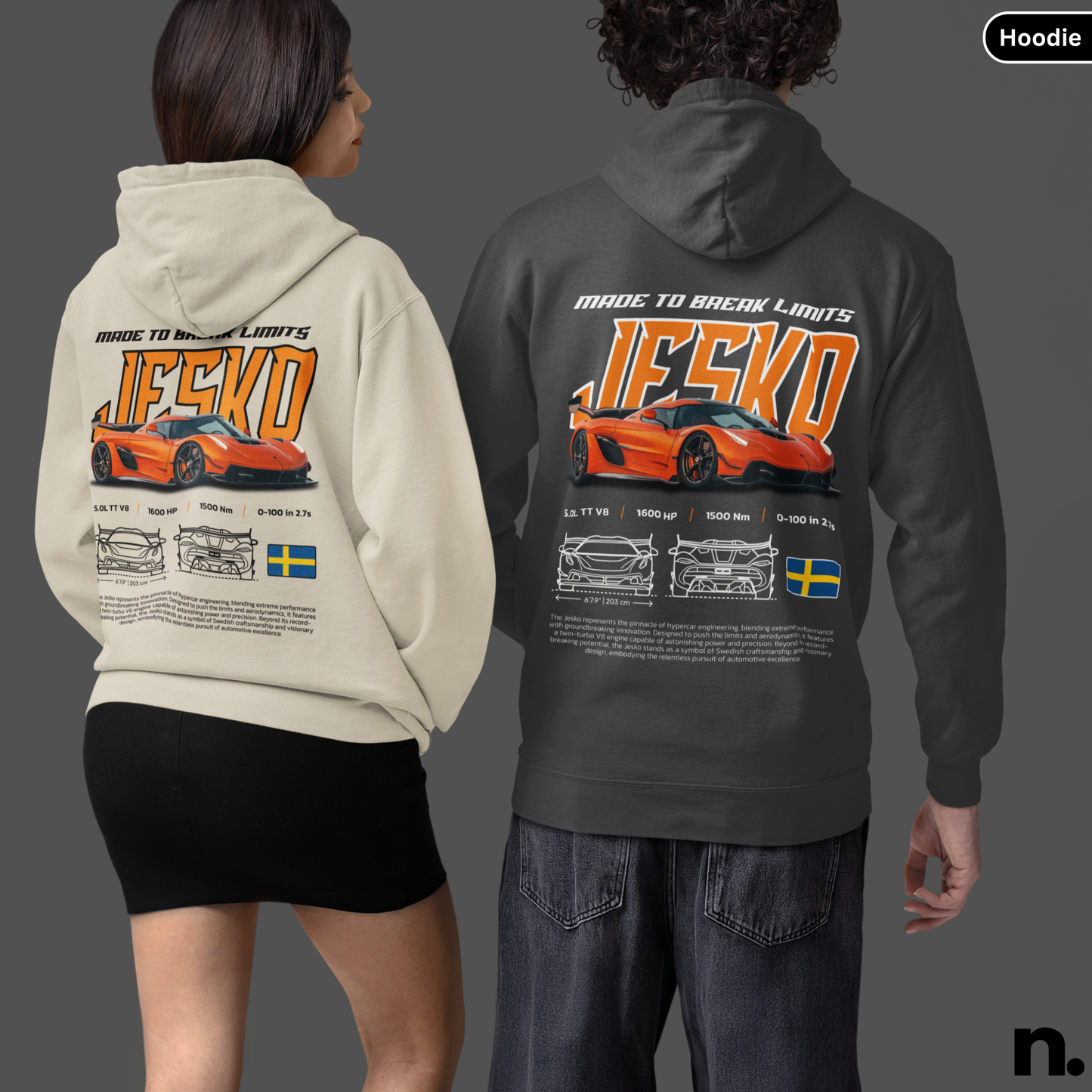 Two people wearing hoodies with a car design and text on the back, on a gray background.