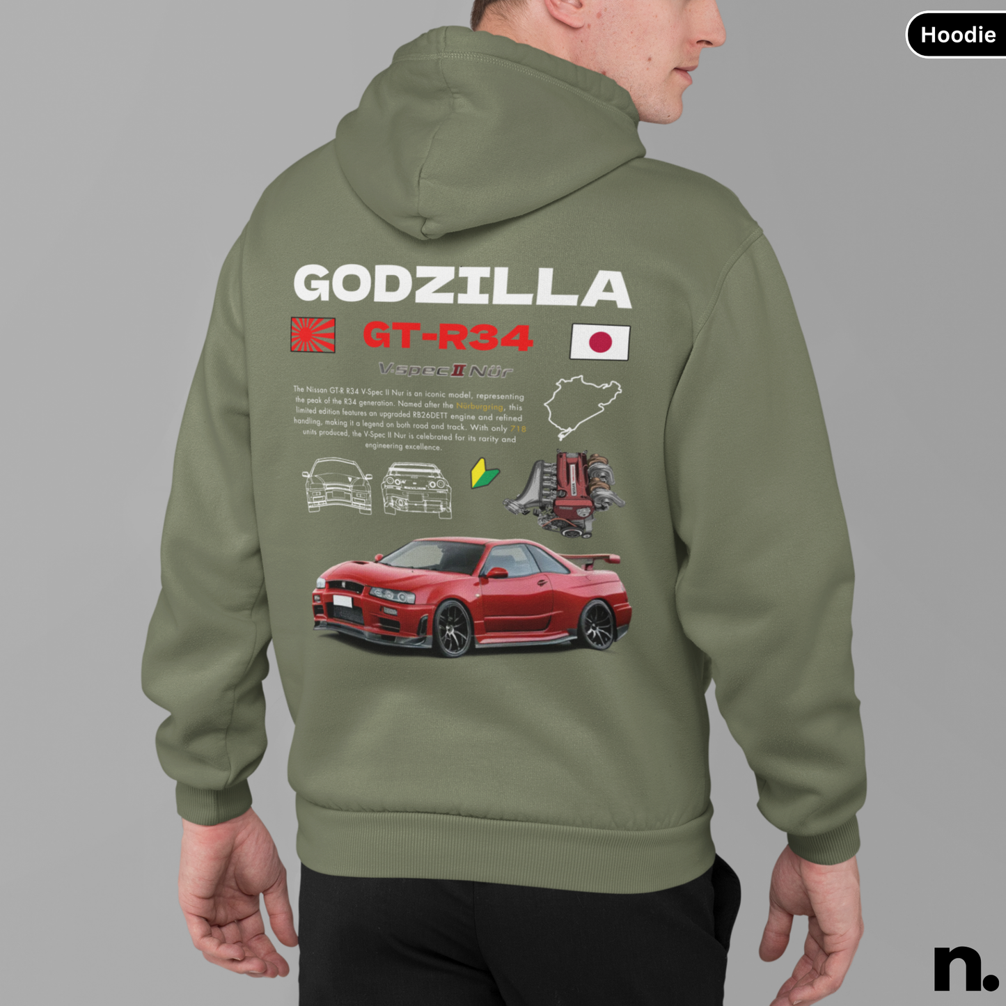 Godzilla GTR R34 V-spec II Nur Poster Style Back Print Unisex Hoodie