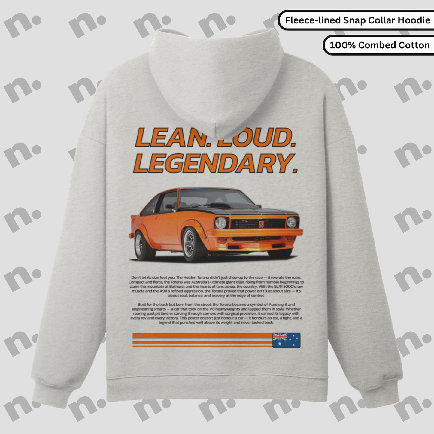 Ghost mockup of heavyweight Torana hoodie featuring “LEAN. LOUD. LEGENDARY.” design, showcasing bronze snap button collar and relaxed fit for a rugged, vintage streetwear look.
