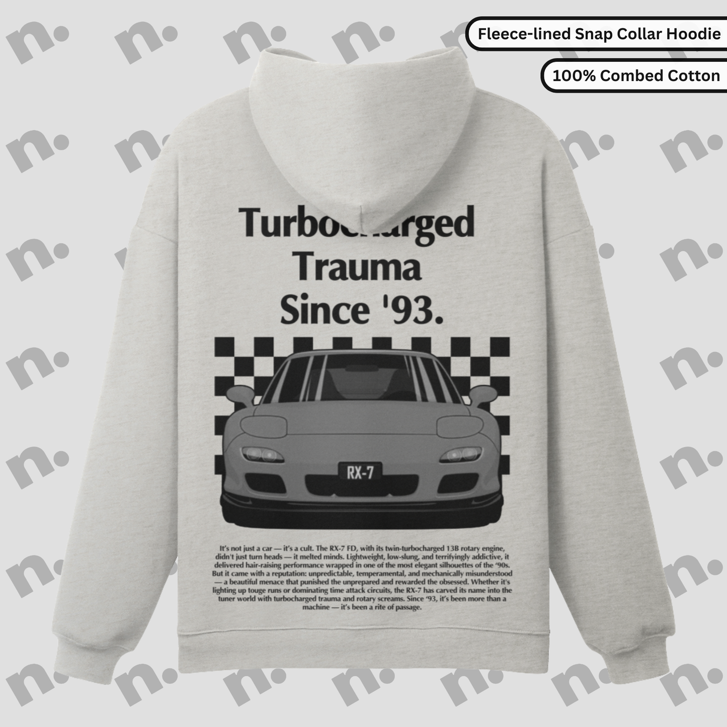 Turbocharged Trauma Since ’93 – RX-7 Snap Collar Premium Hoodie