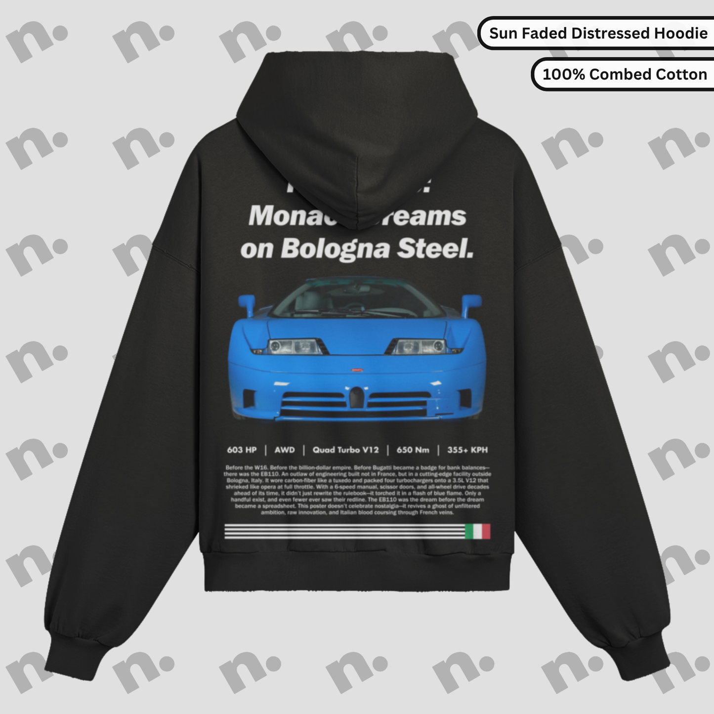 EB110 – “Monaco Dreams on Bologna Steel” Distressed Premium Hoodie