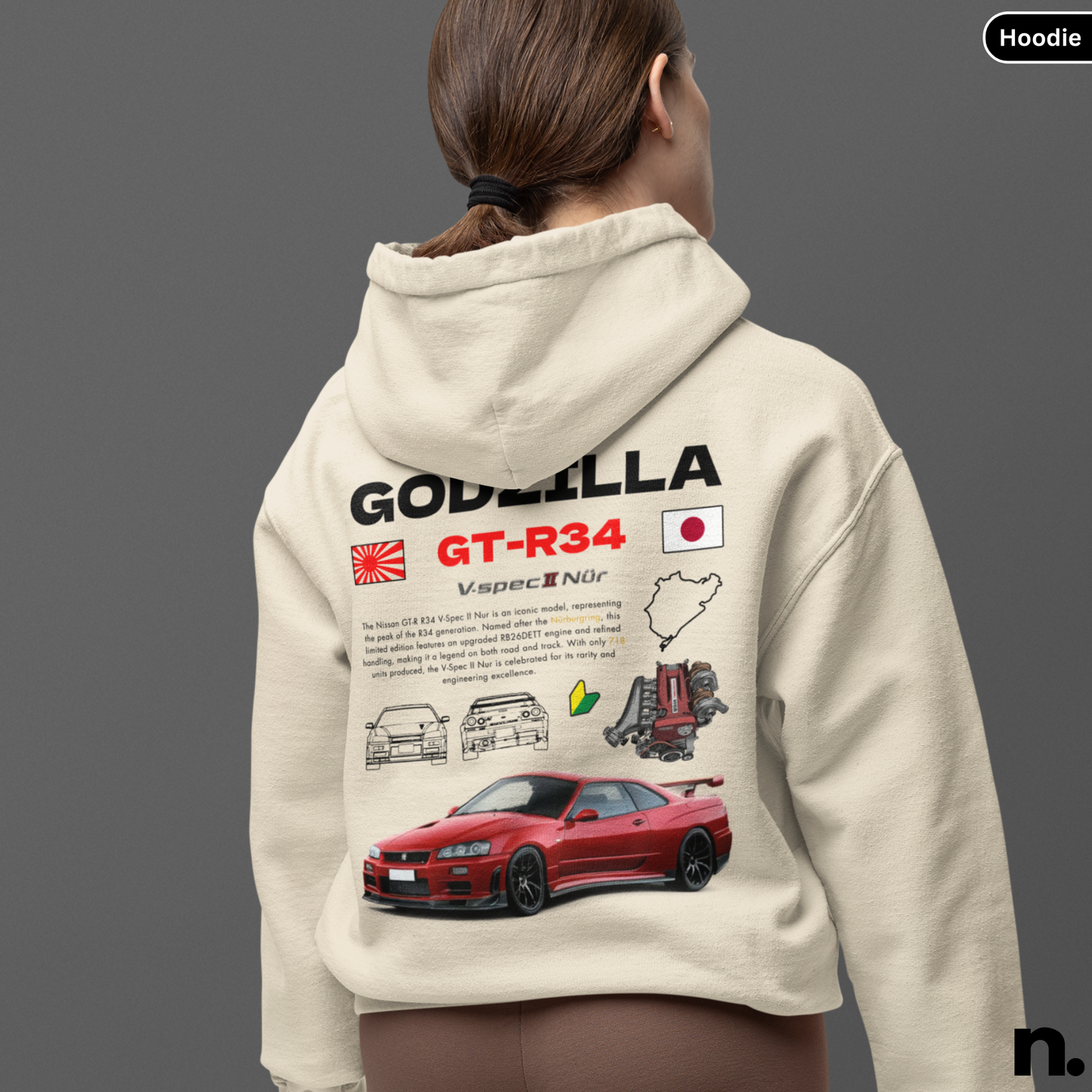 Godzilla GTR R34 V-spec II Nur Poster Style Back Print Unisex Hoodie