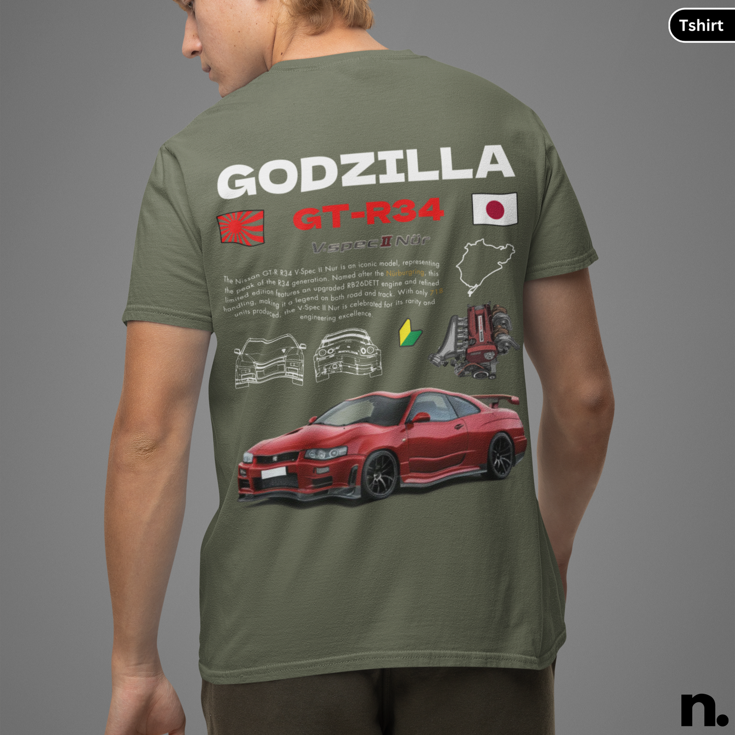 Godzilla GTR R34 V-spec II Nur Poster Style Back Print Unisex Cotton Tee,