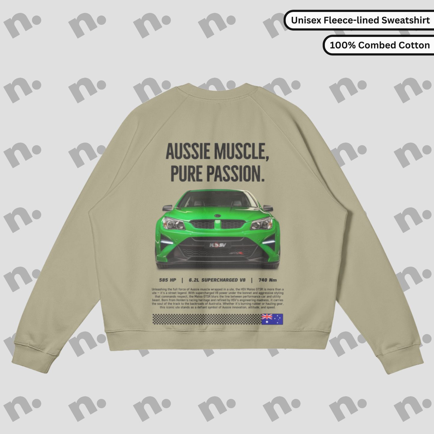 Flat lay of heavyweight fleece-lined crewneck sweatshirt in earth tones, inspired by high-performance Australian muscle car style.