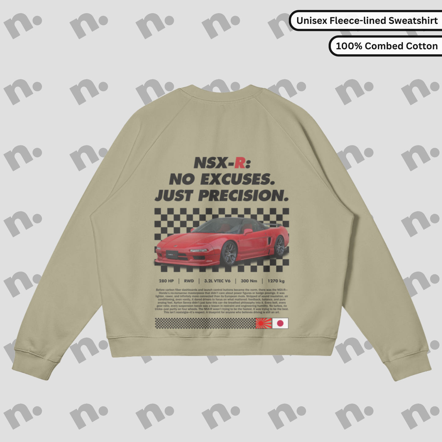 Heavyweight fleece-lined crewneck sweatshirt with raglan sleeves in earth tones, inspired by NSX-R design