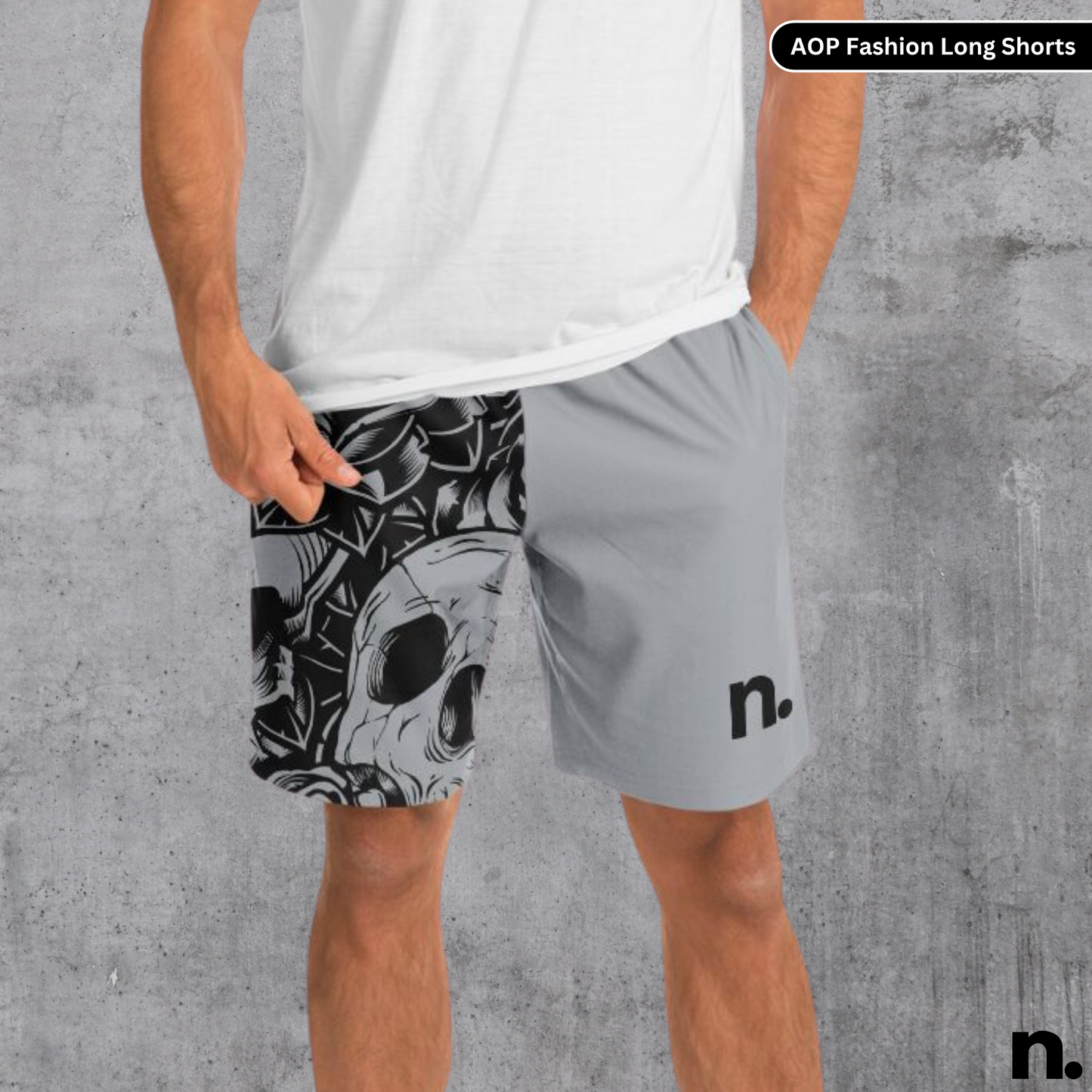 B&W Skulls and Flowers Nerdotopia Long Shorts