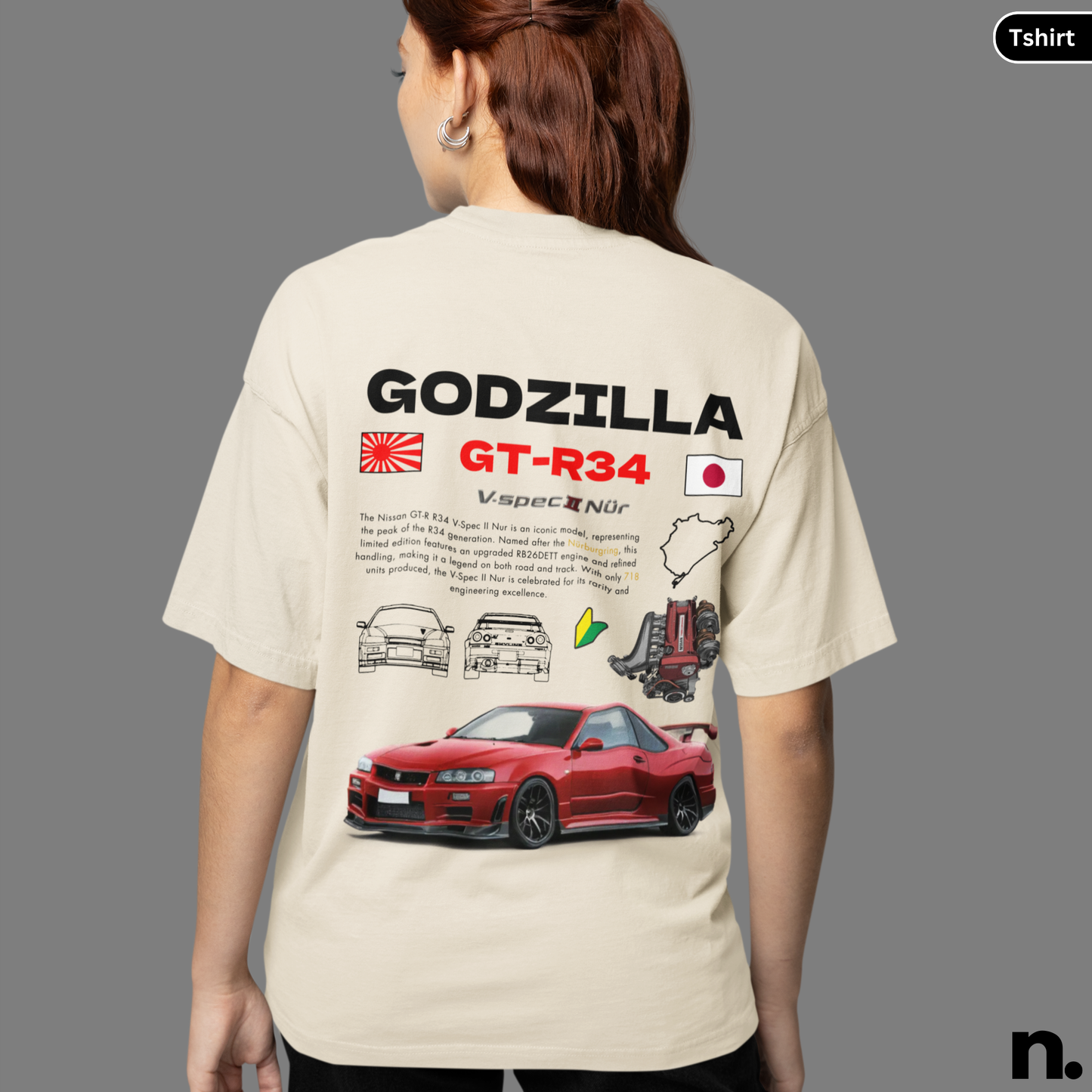 Godzilla GTR R34 V-spec II Nur Poster Style Back Print Unisex Cotton Tee,