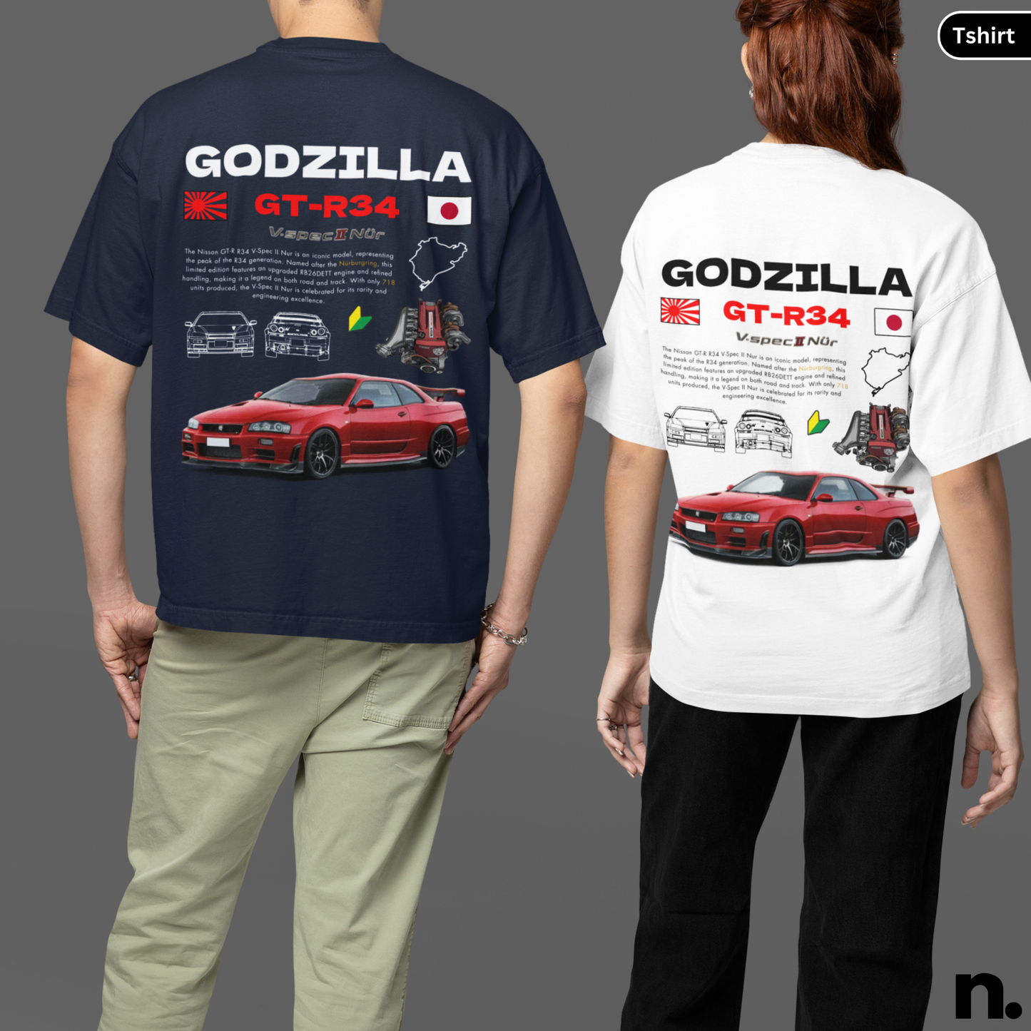 Godzilla GTR R34 V-spec II Nur Poster Style Back Print Unisex Cotton Tee,