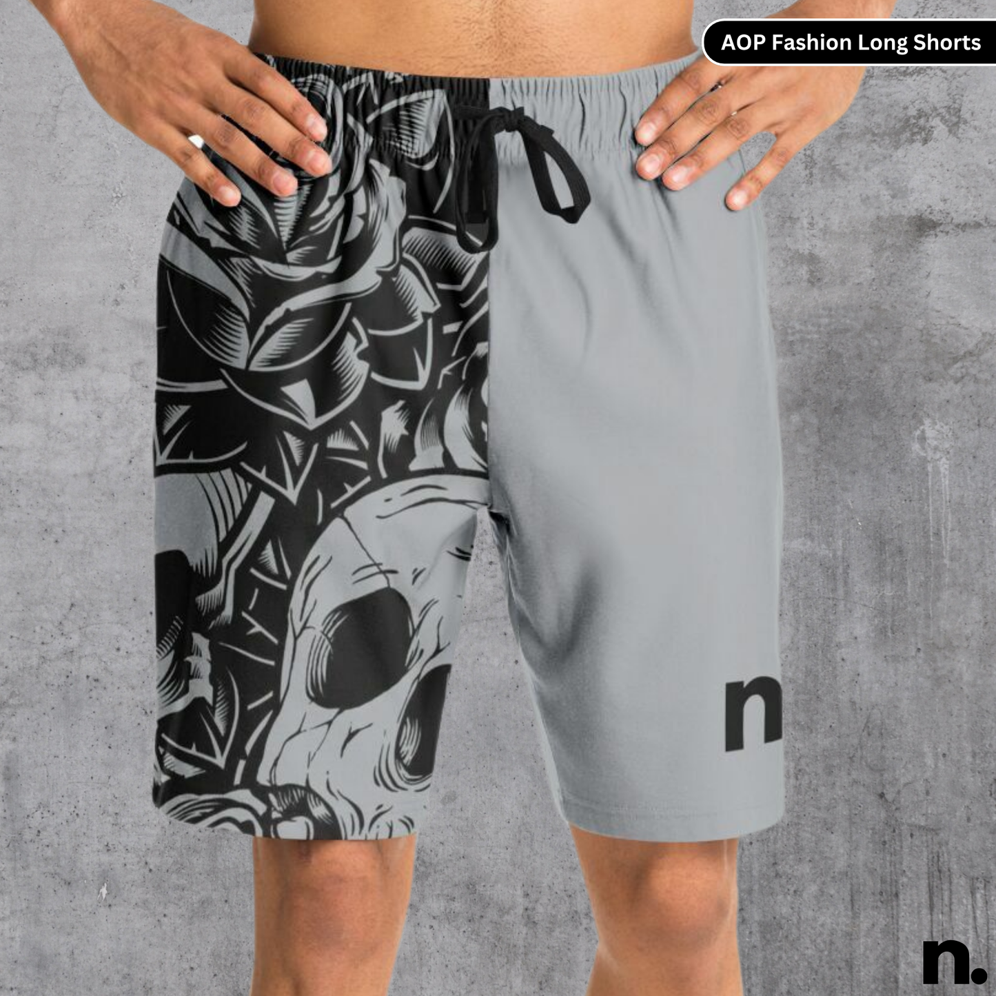 B&W Skulls and Flowers Nerdotopia Long Shorts