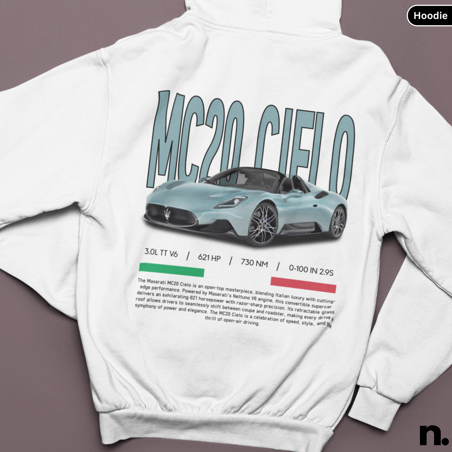 White hoodie with MC20 Cielo design on a brown background