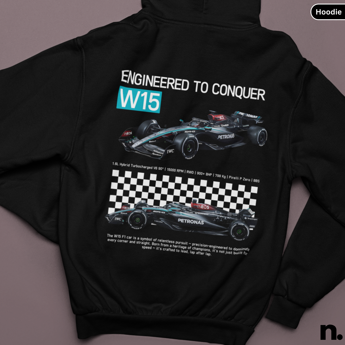 Black hoodie with Formula 1 car design and text 'Engineered to Conquer W15' on a gray background