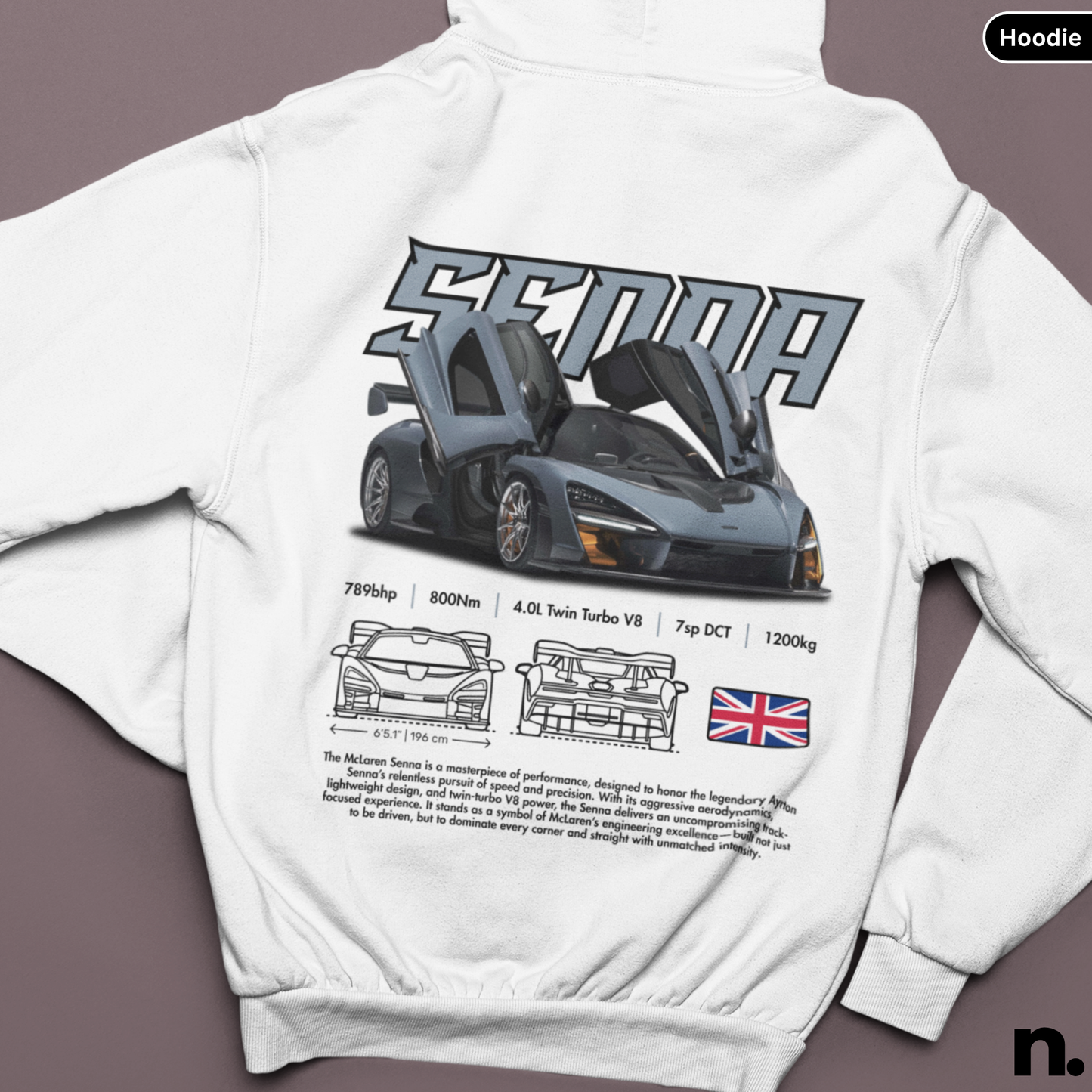 White hoodie with McLaren car design on a brown background