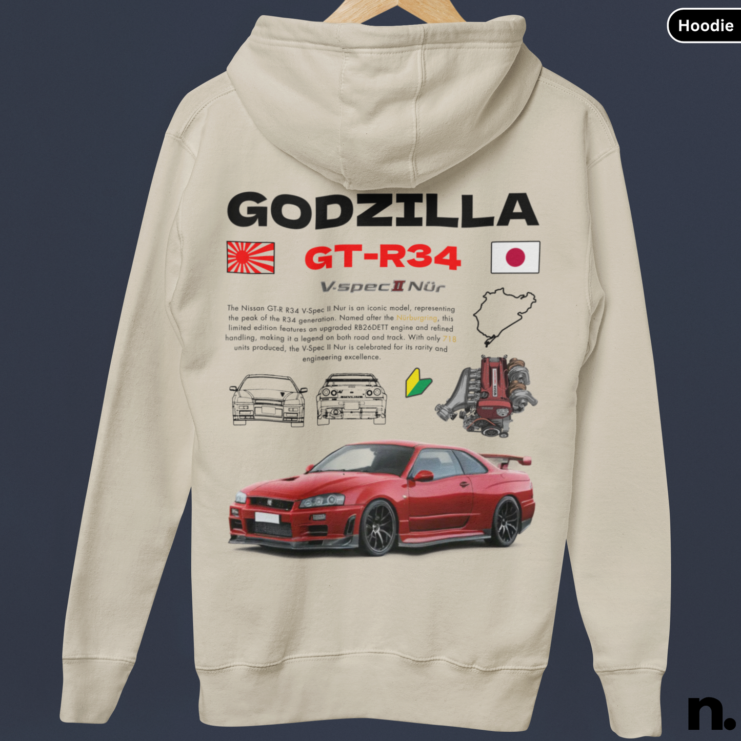 hanging mockup of godzilla gtr hoodie in sand