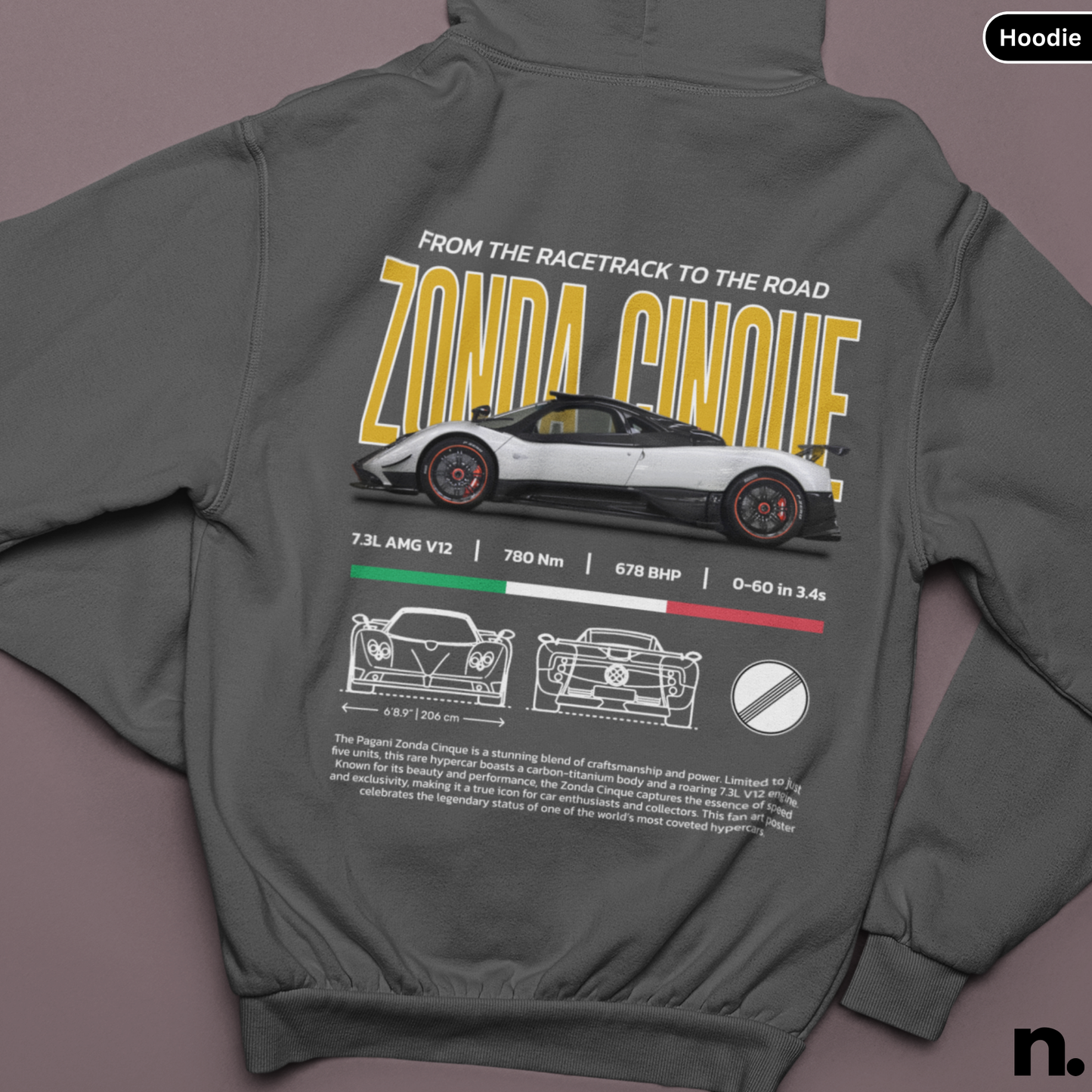 Gray hoodie with Zonda Cinque car graphic on a purple background