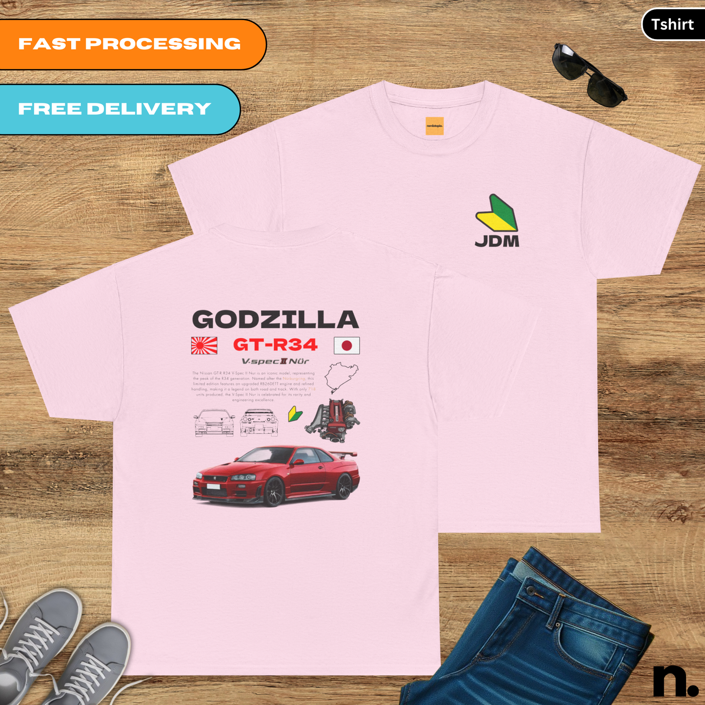 Godzilla GTR R34 V-spec II Nur Poster Style Back Print Unisex Cotton Tee,