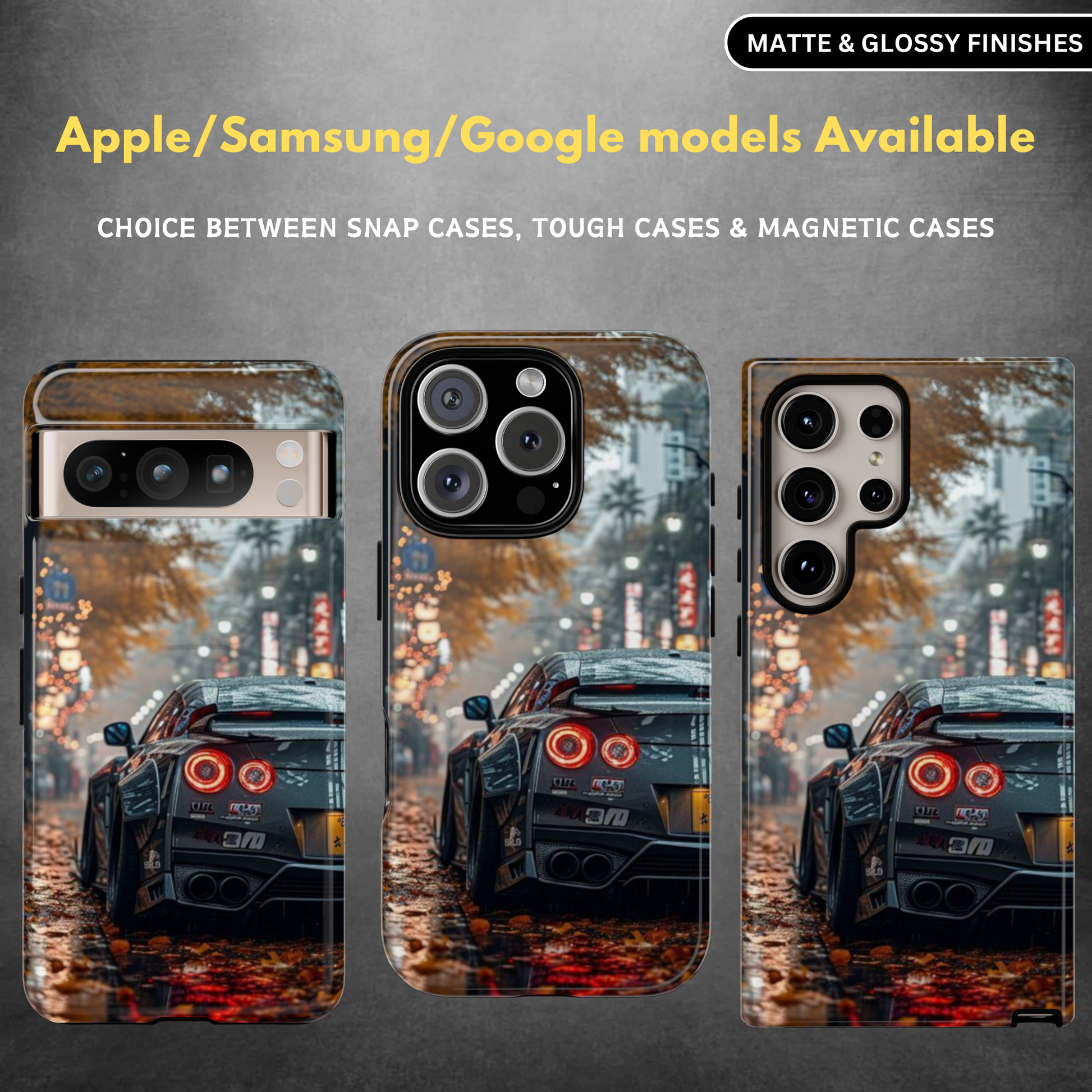 A collection of phone cases with a 3D wrap design featuring a sporty car and available in both glossy and matte finishes.