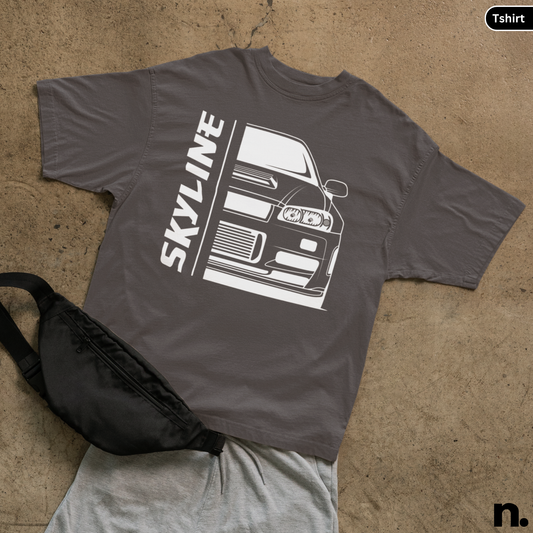 flat lay mockup of r34 skyline tee in charcoal