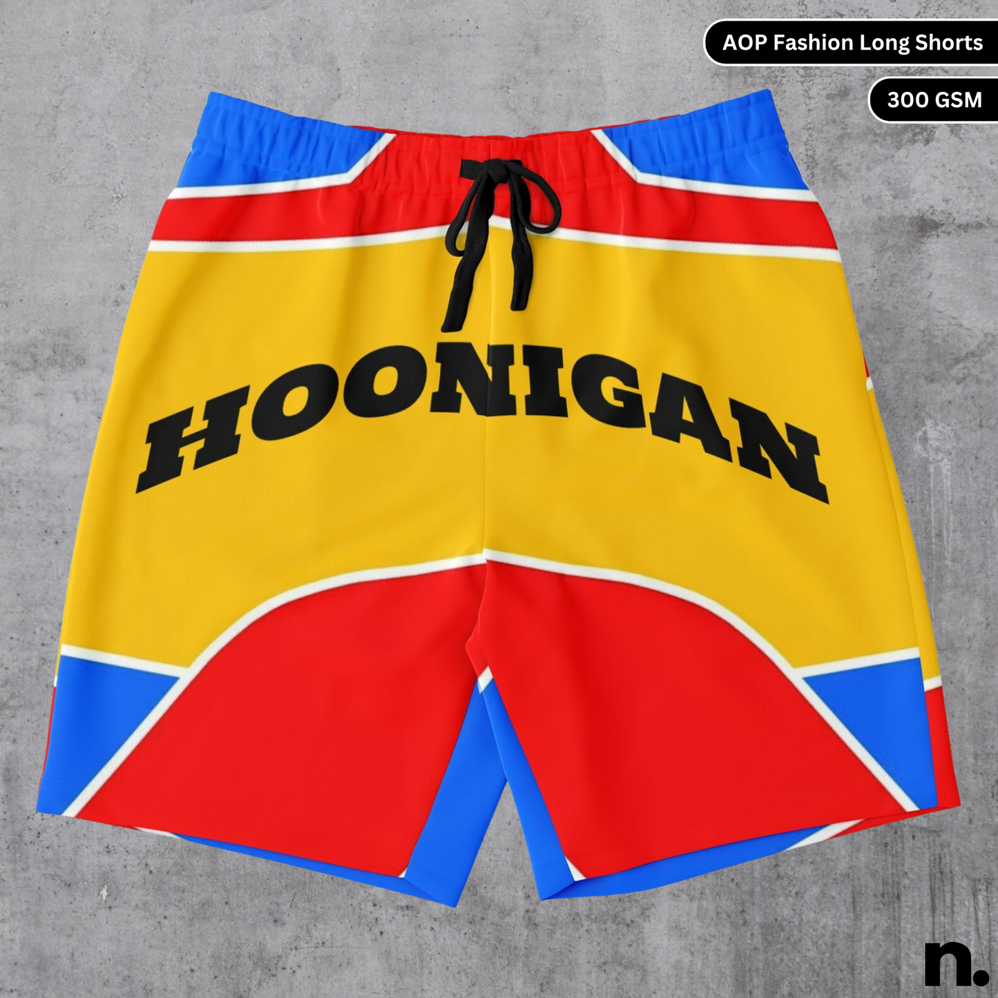 Flat lay mockup of Hoonigan-inspired racing livery shorts featuring bold typography and motorsport graphics
