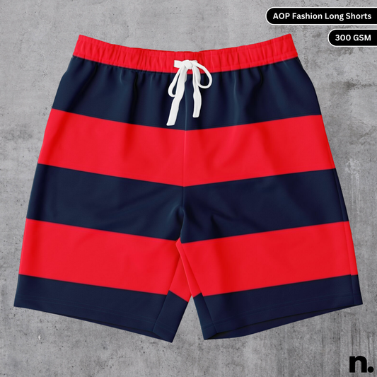 Flat lay of long shorts featuring a minimalist red and navy striped pattern in a clean streetwear design