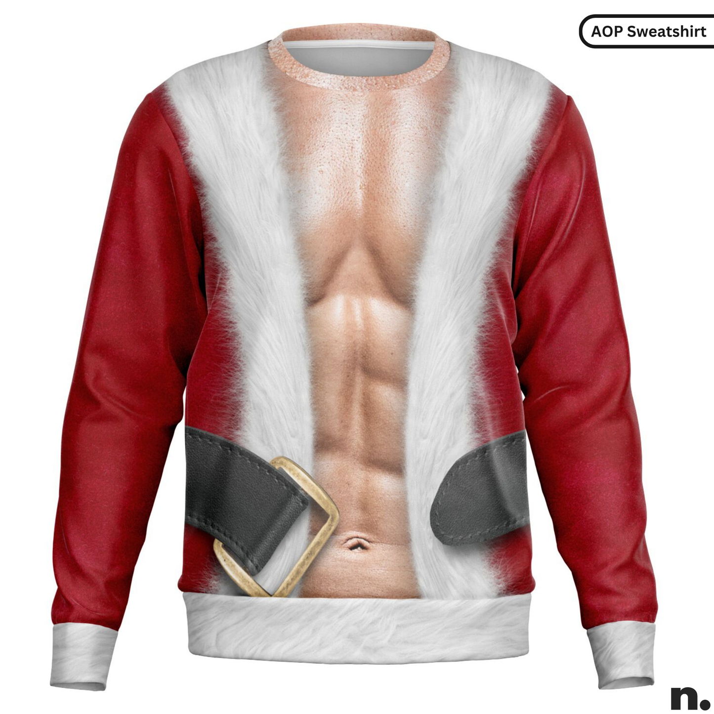 Sweatshirt with a graphic design of a muscular Santa Claus outfit on a white background.