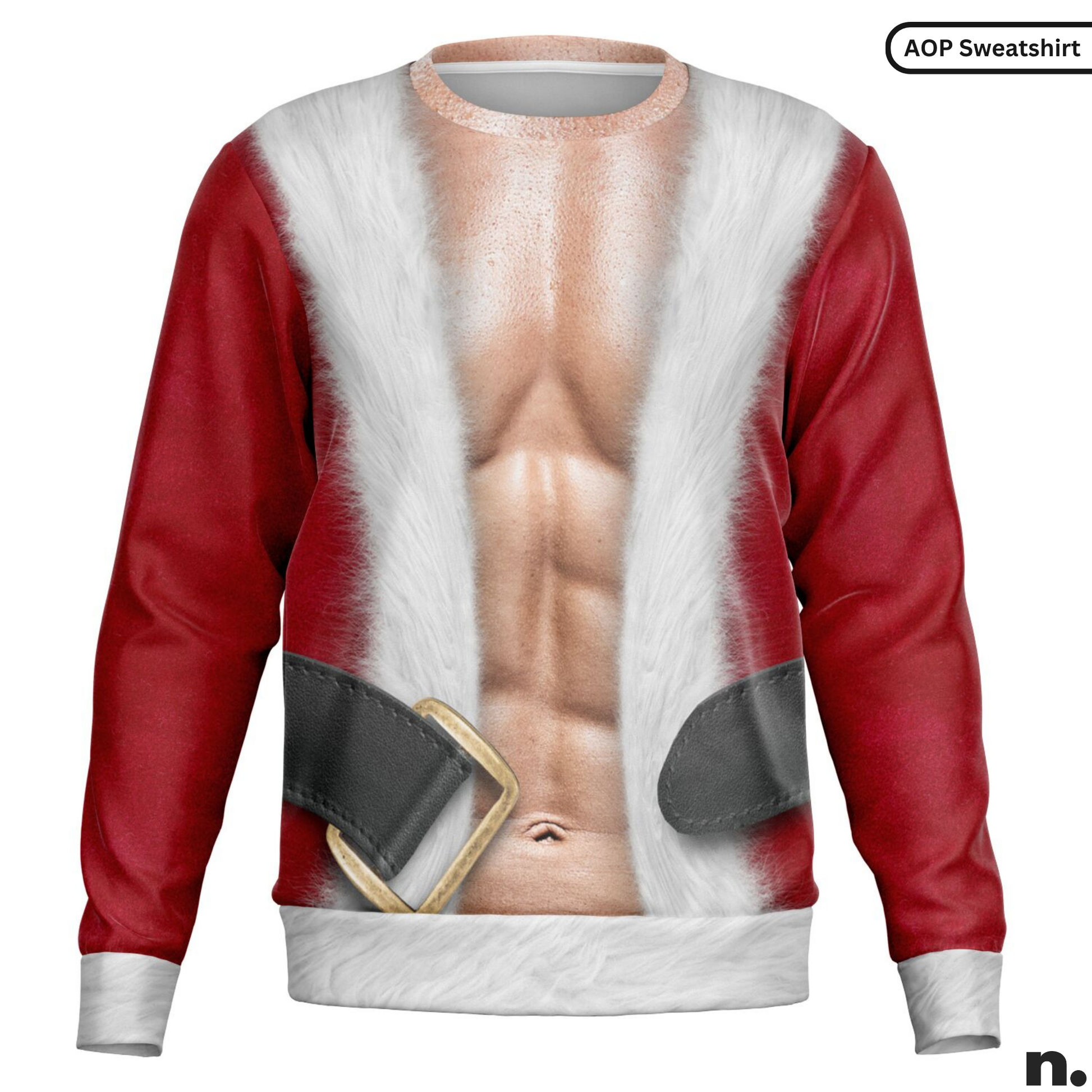 Sweatshirt with a graphic design of a muscular Santa Claus outfit on a white background.