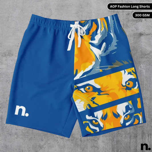 A flat lay of men's shorts featuring a detailed all-over tiger illustration print, showcasing the drawstring closure and side pockets.