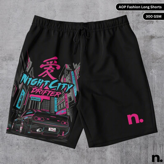 A flat lay of men's shorts with an all-over print featuring a JDM night city drifter scene and the brand logo, showcasing the drawstring closure and pockets.
