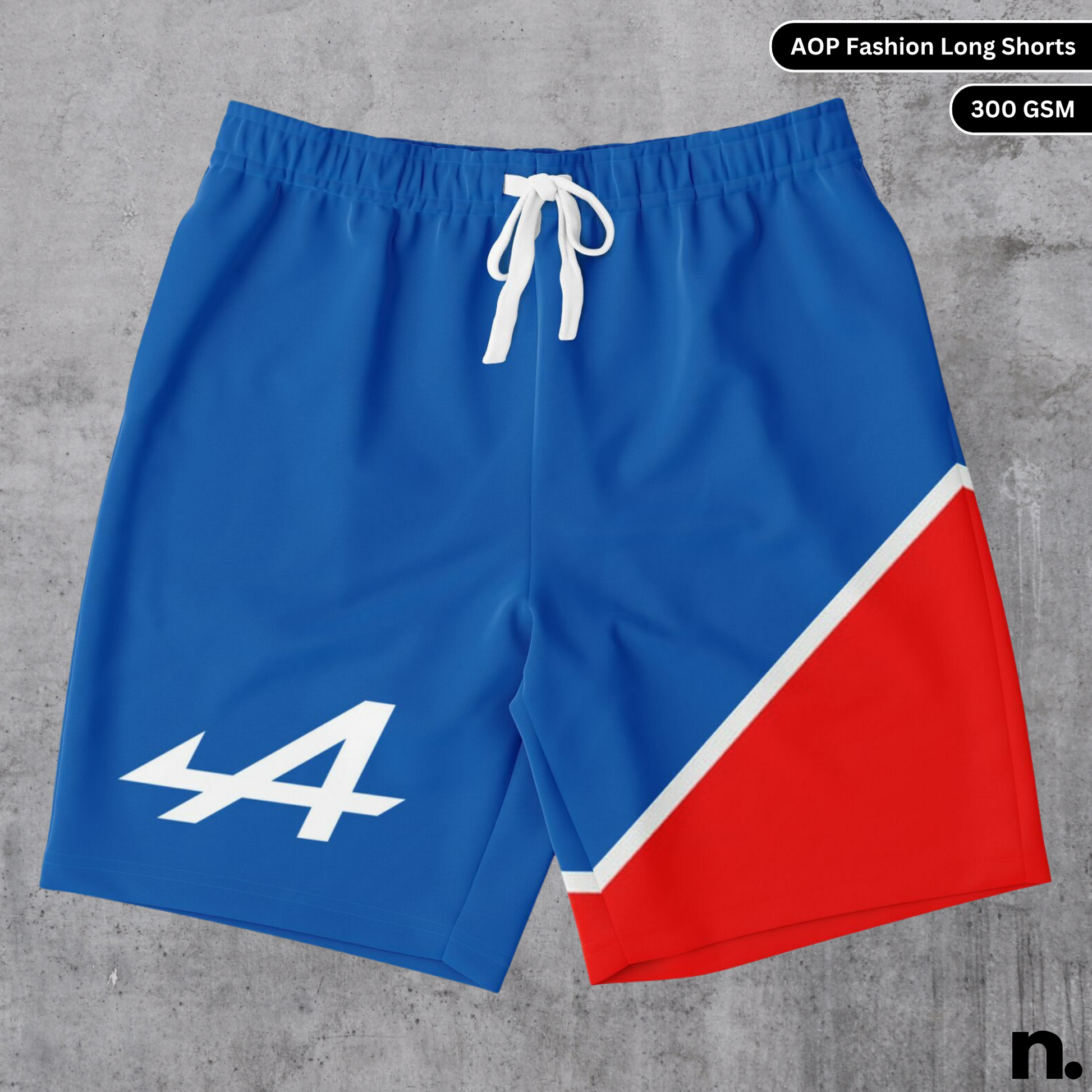 Flat lay mockup of Alpine F1 inspired long shorts with vibrant racing livery and adjustable drawstring waistband