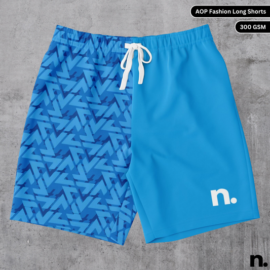 A flat lay of men's shorts featuring a minimalistic pattern on one leg and a brand logo on the other, showcasing the drawstring closure and pockets.