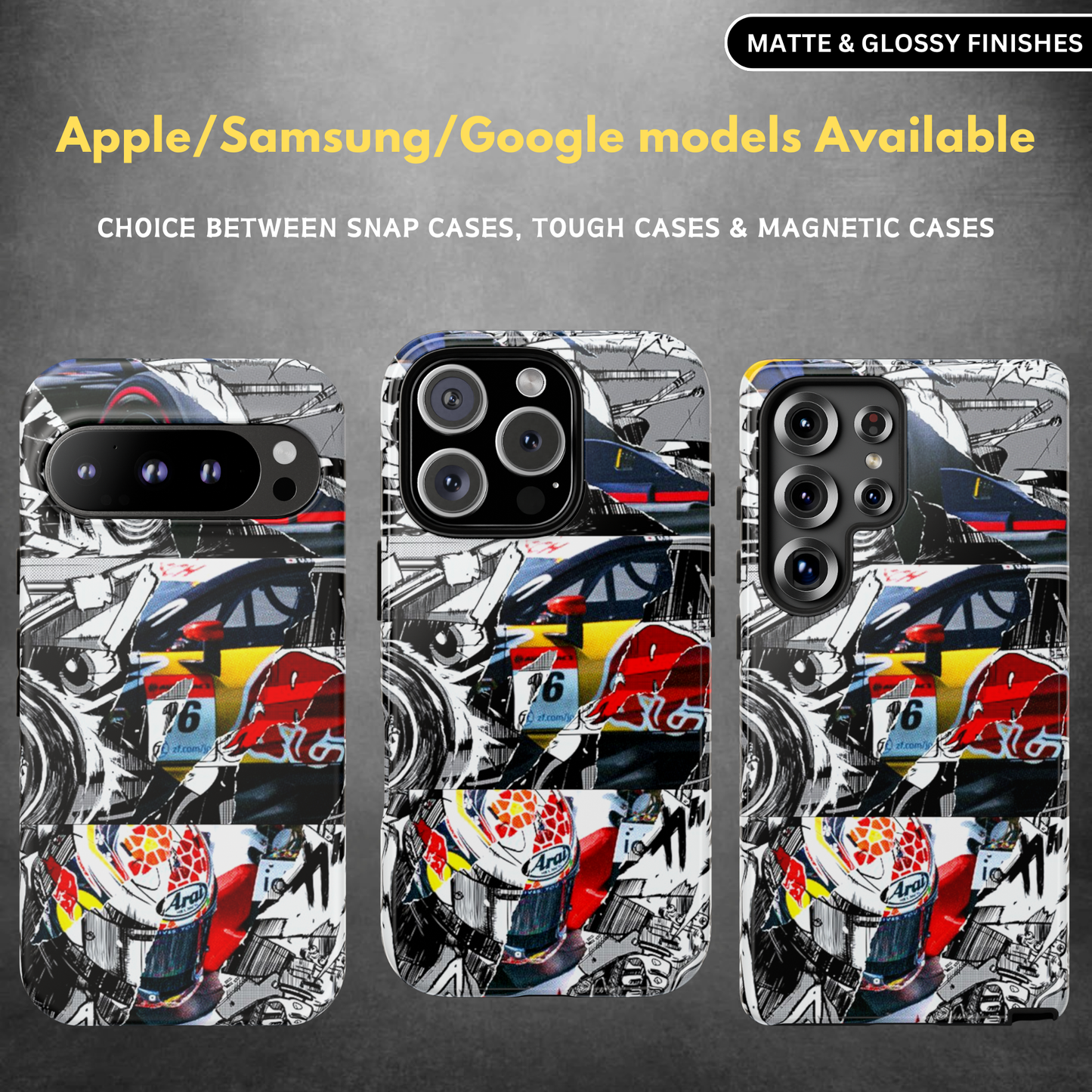 A phone case with a colorful, geometric pattern design, showcasing a matte and glossy finish options.