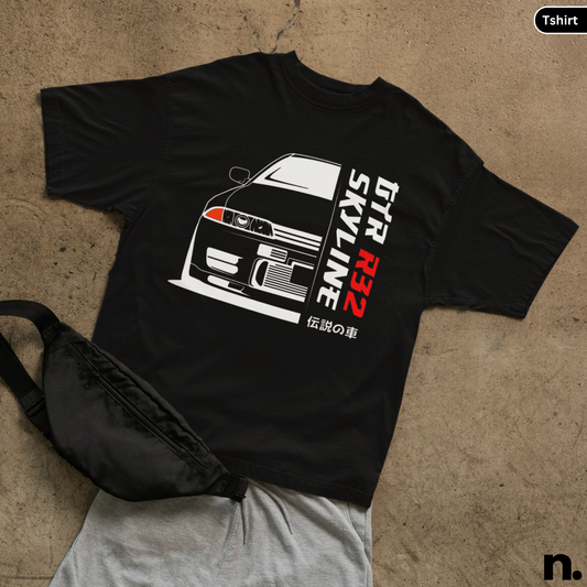 flat lay mockup of r32 skyline tee in black