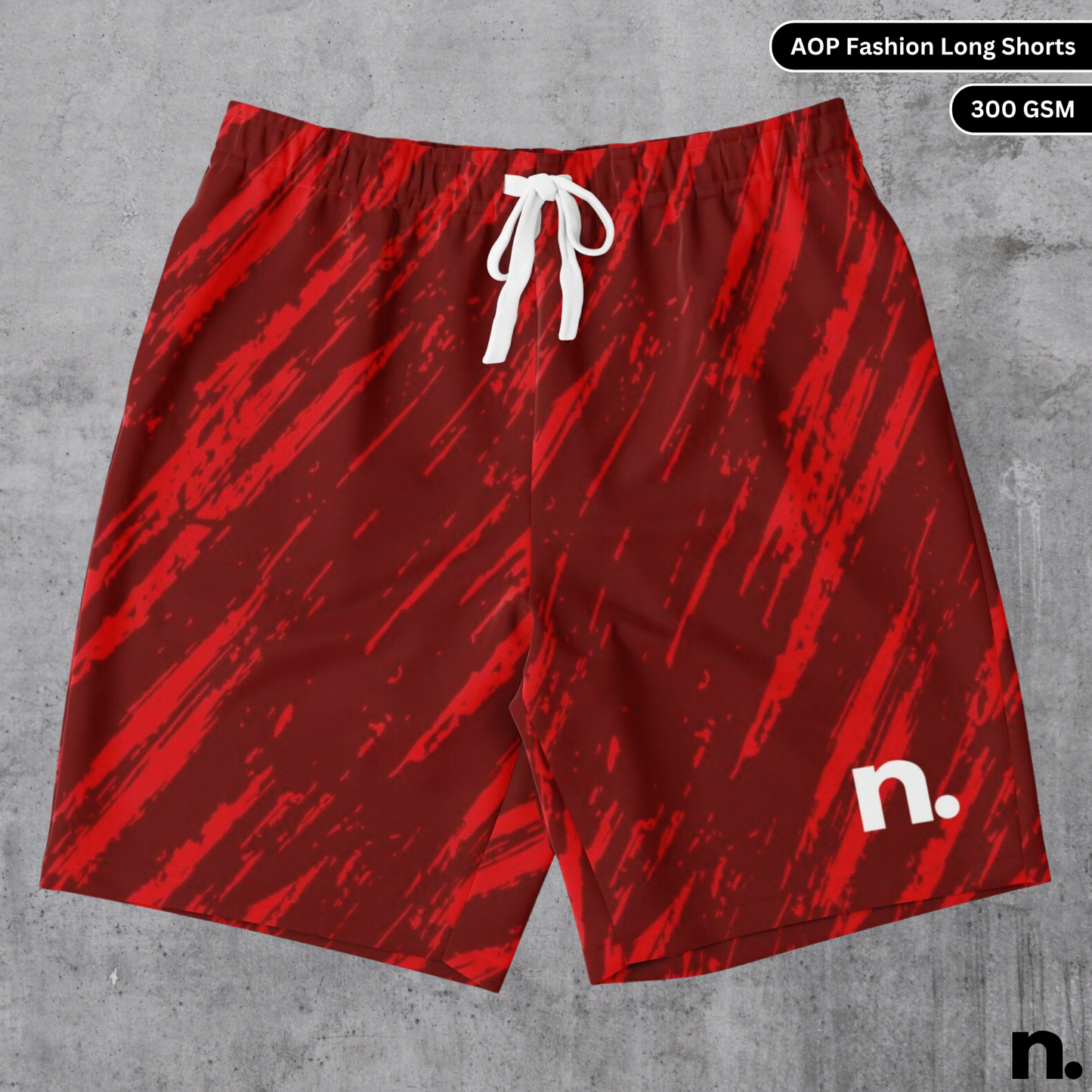 A flat lay of red men's shorts with a basic pattern and a brand logo, showcasing the drawstring closure and pockets.